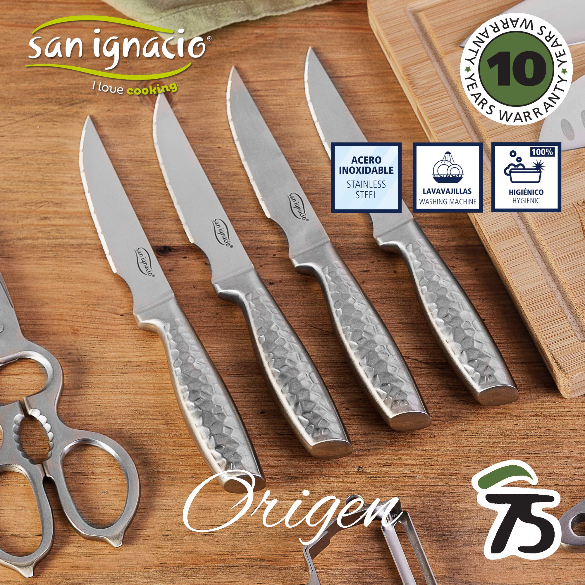 SAN IGNACIO Origen | Zestaw 4 noży do steków | Wykonane ze stali nierdzewnej, długość 12,5 cm, satynowe wykończenie, zestaw noży | Lekki i ergonomiczny uchwyt