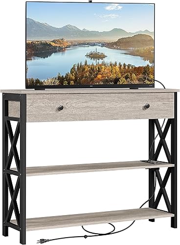 Yaheetech Soporte de TV con tomas de corriente, centro de entretenimiento con cajón, mesa consola multimedia para TV de hasta 45 pulgadas con