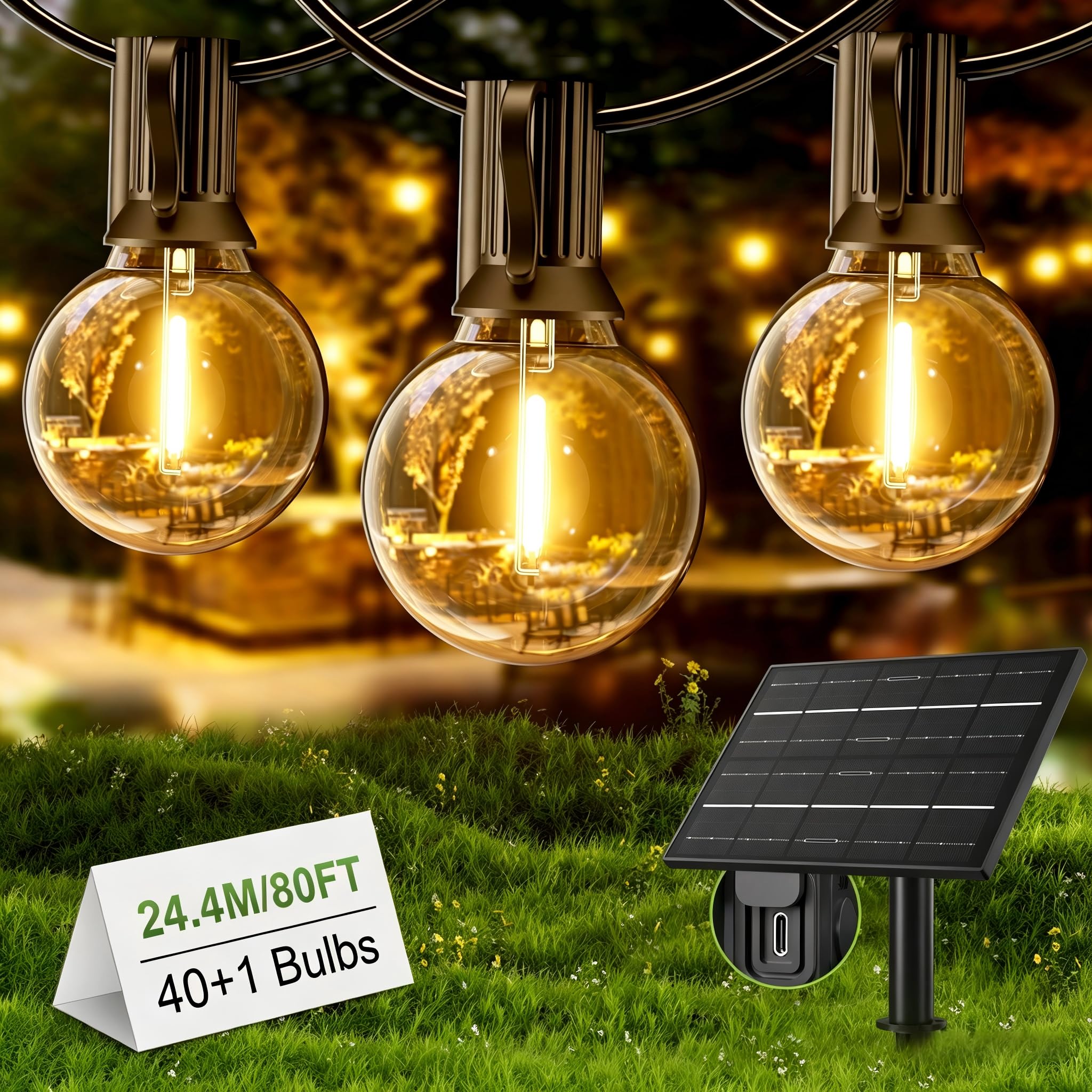 Yuusei Guirnalda Luces Exterior, Luces LED 24,4M Solares Exterior IP65 | Impermeable IP65 & 2700K Blanco Cálido, Bombillas 40+1 G40 Irrompibles Luz para Jardin, Decoracion, Terraza, Pergolas Toldos