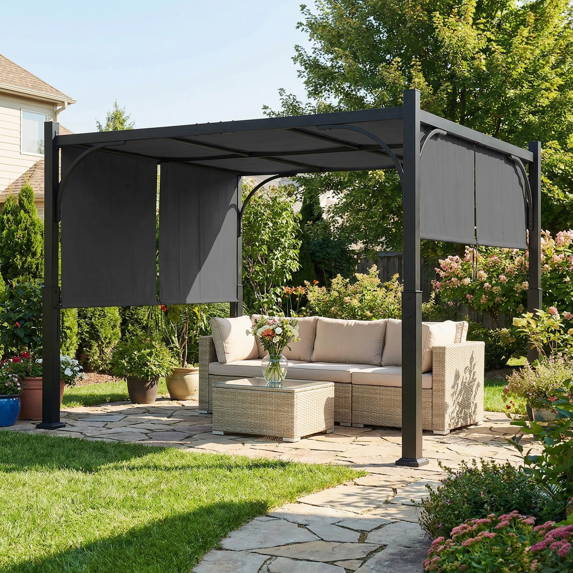 Outsunny - Pergola de jardín, 3 x 3 m, cenador de jardín, con toldo deslizante, estructura metálica, cobertizo solar exterior para terraza o balcón, color gris oscuro
