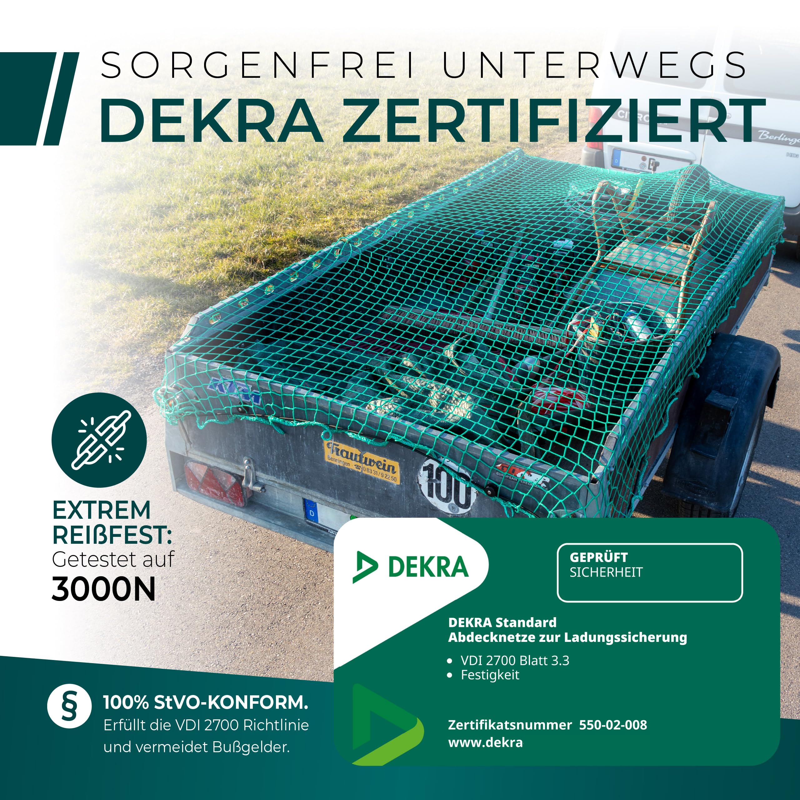 CargoVA siatka na przyczepę 1,5 x 2,5 m [sprawdzona przez DEKRA] – siatka zabezpieczająca ładunek z gumową linką i oznaczeniem narożników – siatka maskująca do przyczep, odporna na rozerwanie