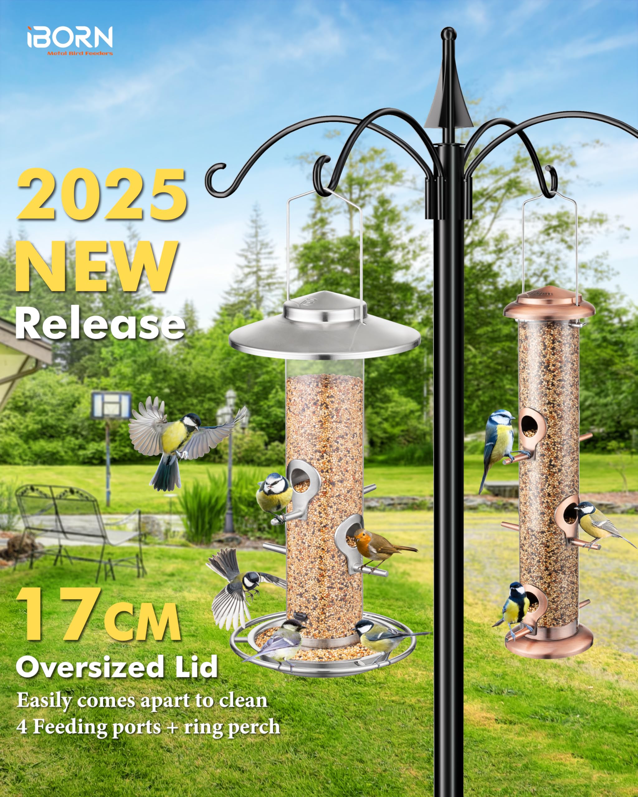 iBorn Metal Bird Feeder for Outside Hanging,Wild Bird Feeders for Cardinal,17cm Large Roof&Nickle,35CM Long,2lb Capacity 8 Ports (Seed is not Included) - Image 2
