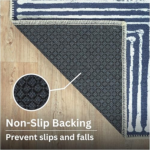 Miniatura 7 de Bloom Rugs Alfombra lavable antideslizante de 2 x 3 pies Alfombra a rayas azules para sala de estar, dormitorio, comedor y cocina, tamaño exacto 2