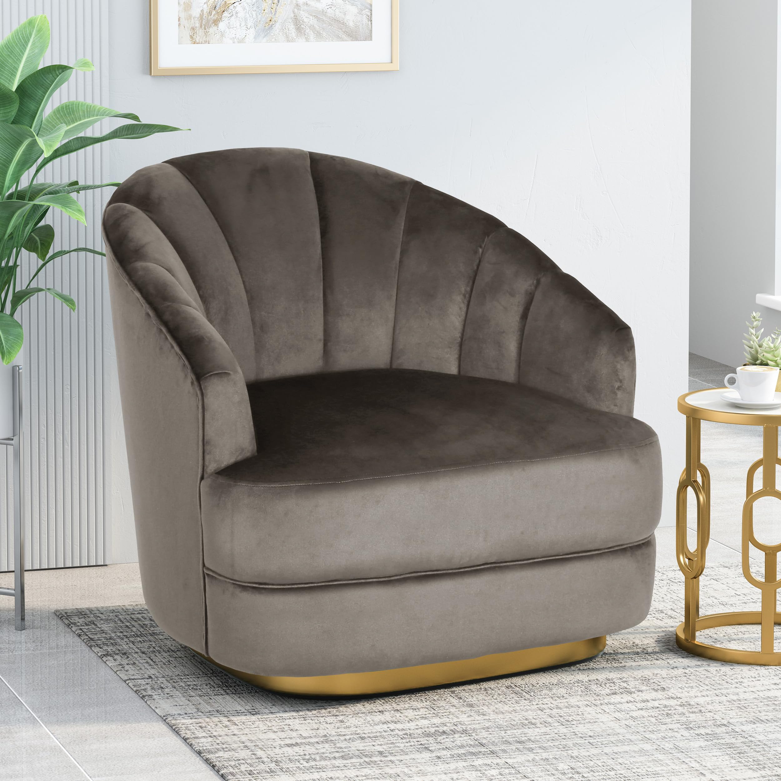 Accent Chair, Grey Velvet Armchair with Ergonomic Comfort, Elegant Gold Base, Modern Glam Style for Living Room, Bedroom, or Office Use