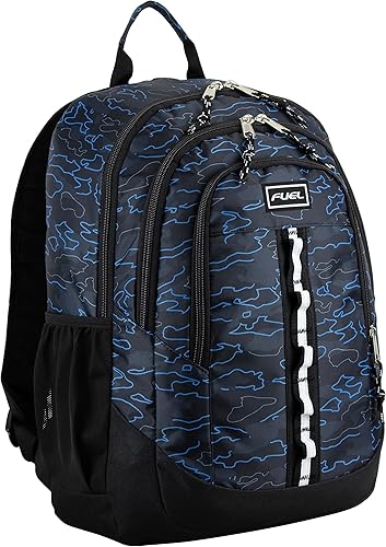 FUEL Mochila unisex grande con múltiples bolsillos y parte inferior resistente al agua, Azul Esquema Camuflaje, Escuela