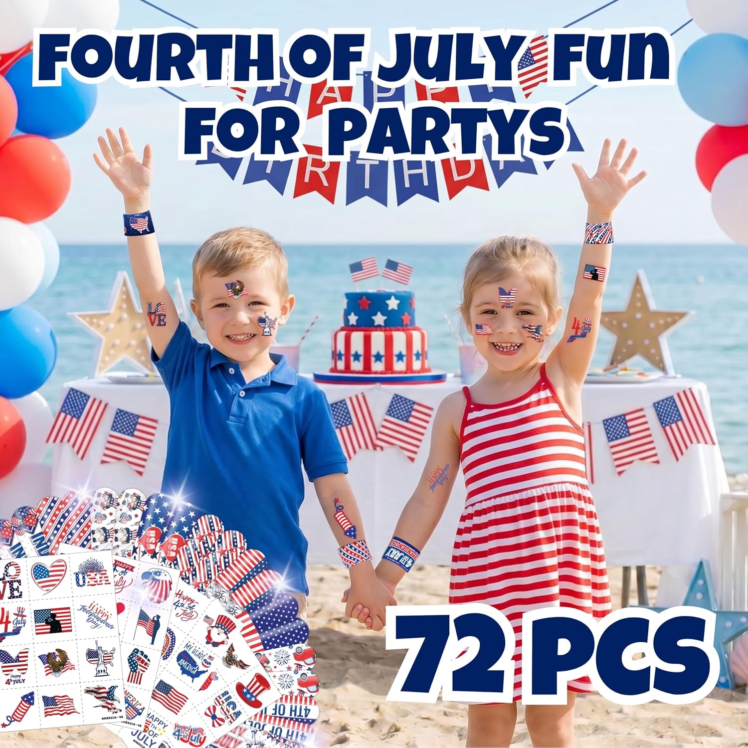 72 PCS Fourth of July Party Favors - 48 Temporary Pre-Cut Tattoos & 24 Slap Bracelets - Party Favors for Boys & Girls, Birthday Goodie Bag Fillers, Baby Shower Gifts, Classroom Rewards image 2