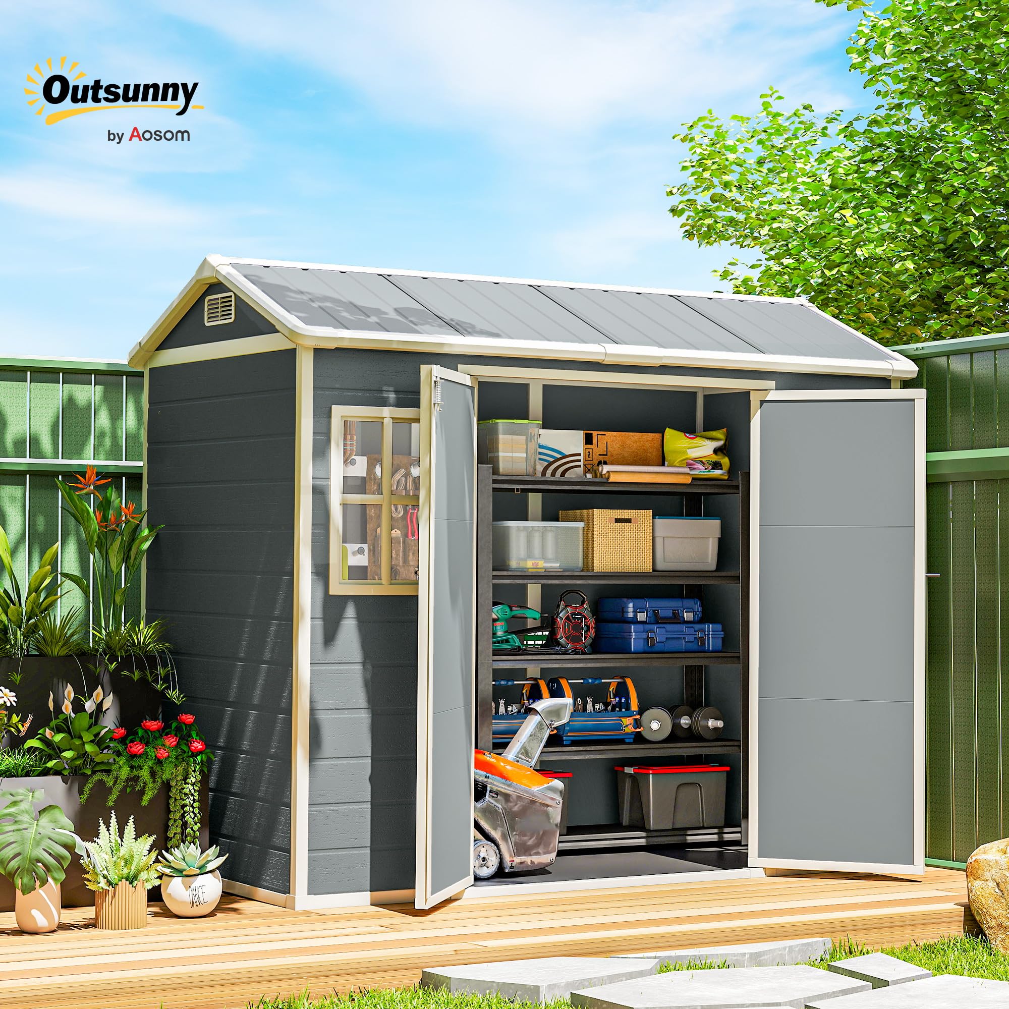 Outsunny 8 x 4 ft Resin Garden Shed, Wood-Effect Outdoor Storage Shed with Floor, Double Windows, Lockable Doors and Vents, for Tools, Bike, Generator, Light Grey — view 2