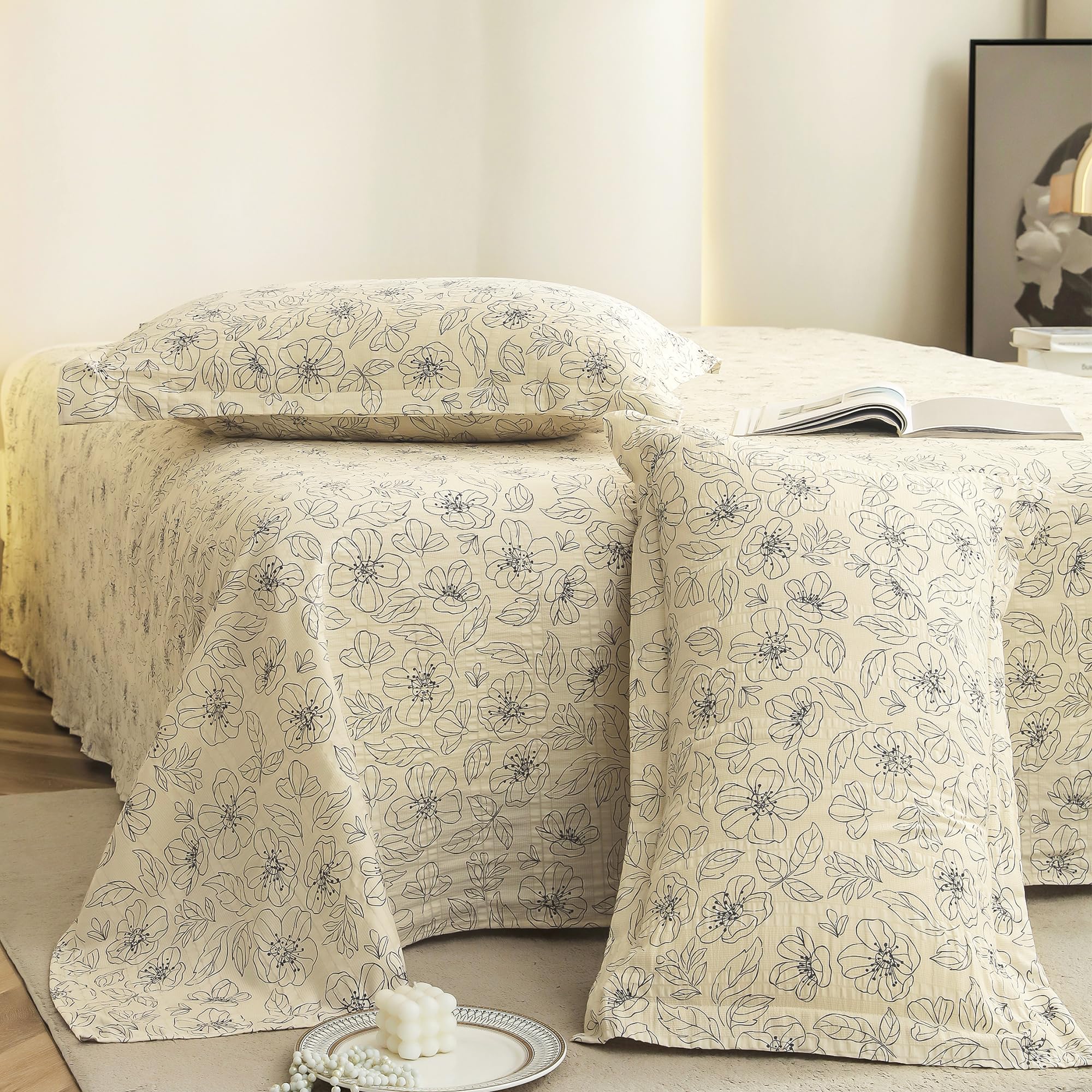 Story@Home King Size Bedsheet | Cloud Cotton Flatsheet King Size with Two Pillow Covers | Super Soft Bed Sheet for King Size Bed | Floral Design (270 x 250 cm, Pale White & Grey)