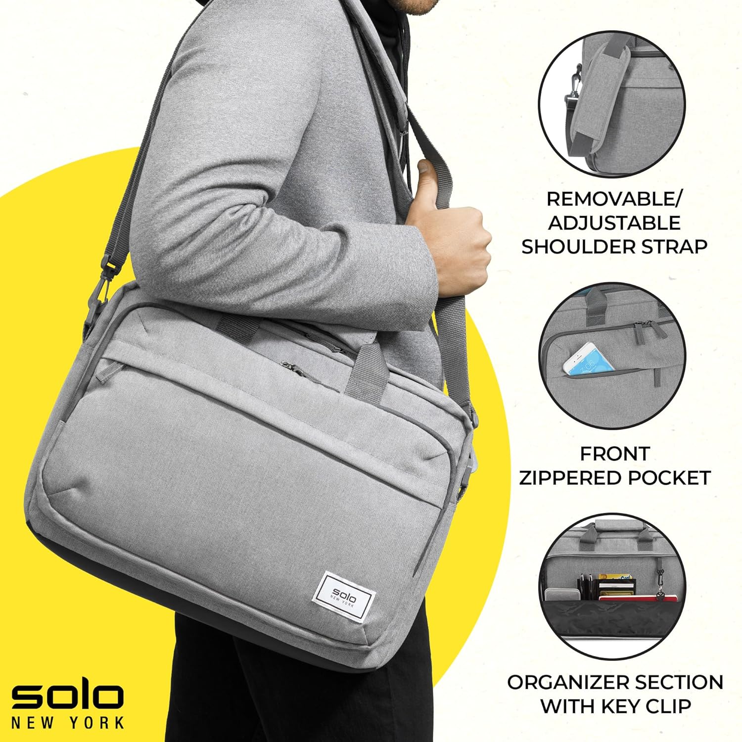 Solo New York Briefcase - Laptop Carrying Bag for Women & Men, Brief for Travel & Work, Front Zippered Pocket, Adjustable Shoulder Strap, Fits 15.6" Computer - Re:New, Gray - Image 2