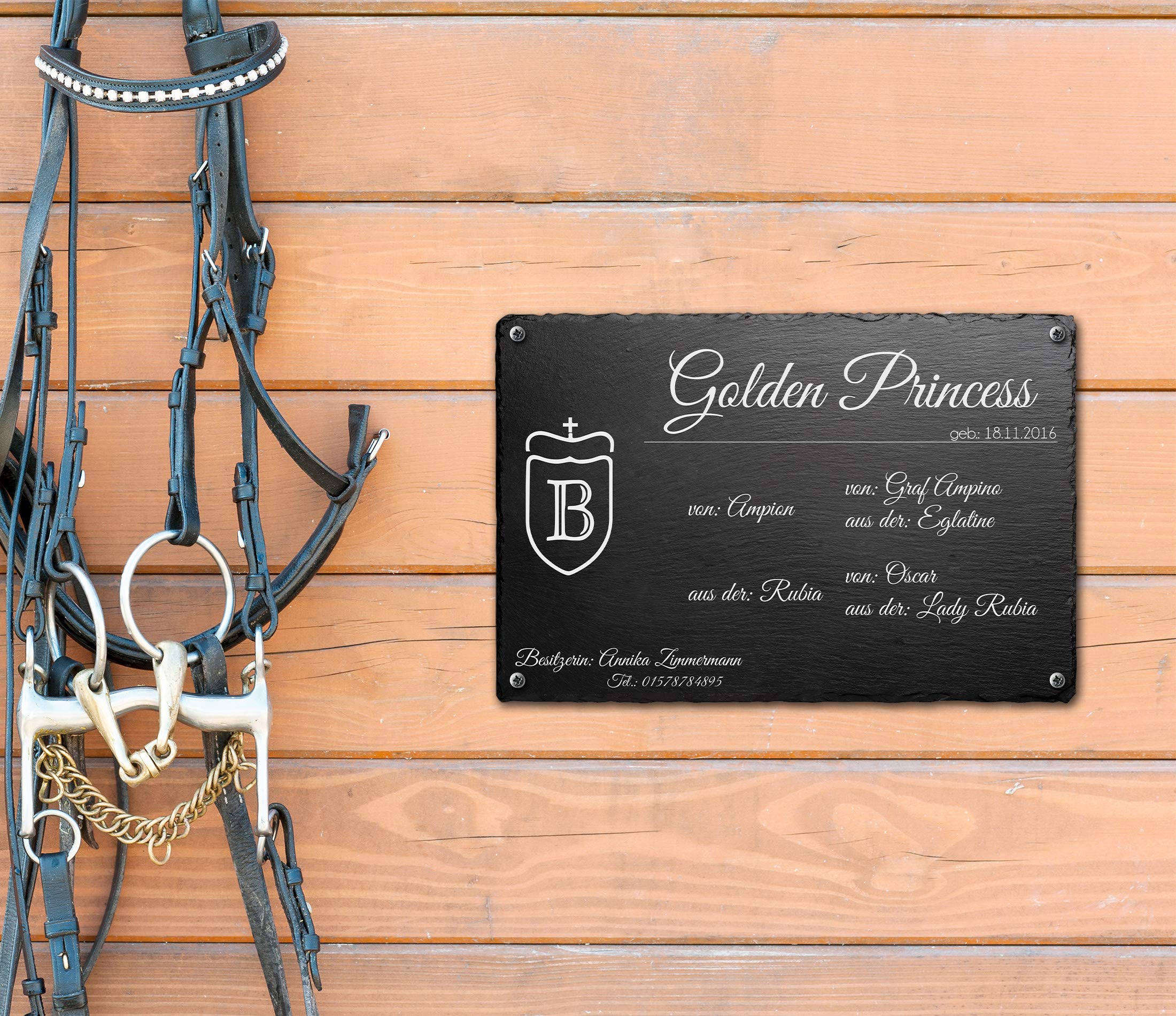 CHRISCK design Boxenschild Stallschild Pferdeschild aus Schiefer mit Fotogravur für Ihr Pferd