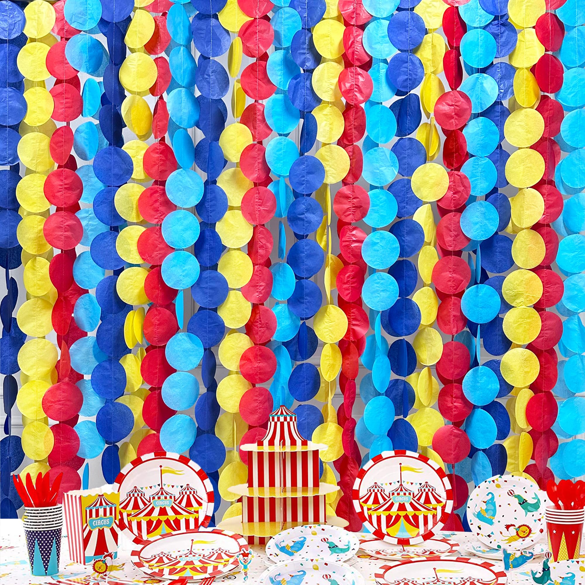 205Ft Red Blue Yellow Party Decorations Big Polka Dot Tissue Paper Backdrop Streamer Colorful Circle Dots Hanging Garland for Carnival Circus Clown