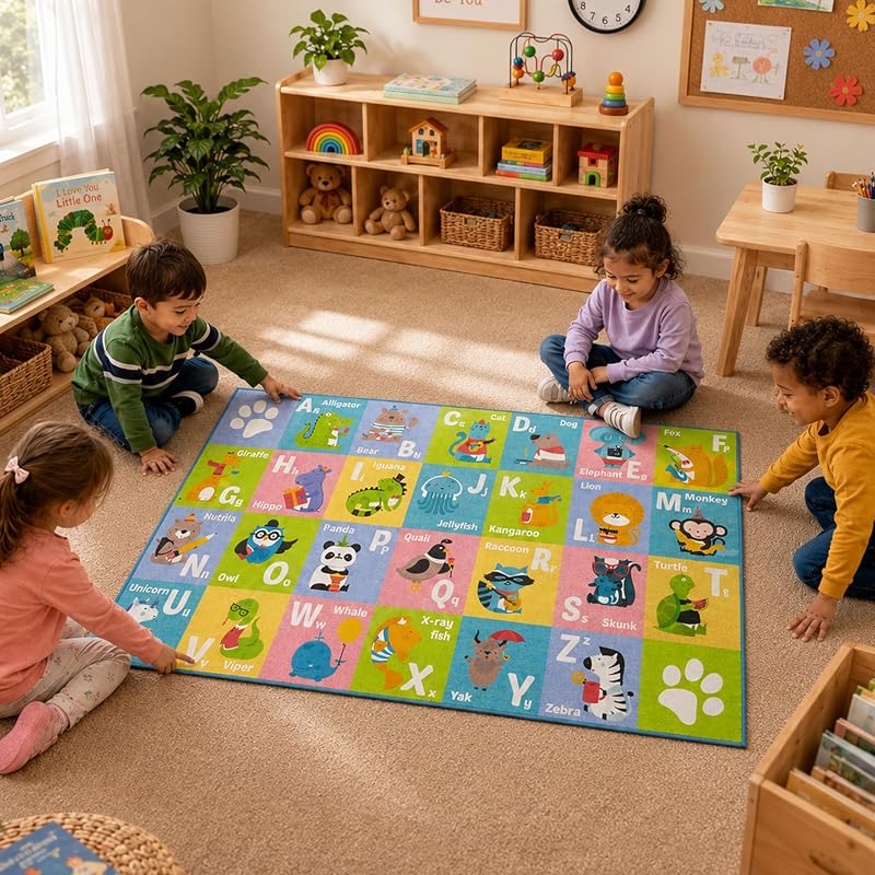 KC Cubs Alfombra de animales del alfabeto ABC de 3 x 5 – Alfombra educativa antideslizante para niños, niños pequeños, guardería, aula, sala de juegos, bebé, guardería, alfombra para niños y niñas