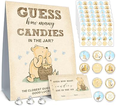 ALodr Winnie Guess How Many Candies Baby Shower Games, Includes Guess How Many Candies Standing Sign, 50 Guest Guess Cards & 180 Stickers, Baby Shower Party Decorations Supplies