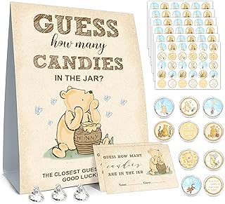 ALodr Winnie Guess How Many Candies Baby Shower Games, Includes ‘Guess How Many Candies’ Standing Sign, 50 Guest Guess Cards & 180 Stickers, Baby Shower Party Decorations Supplies