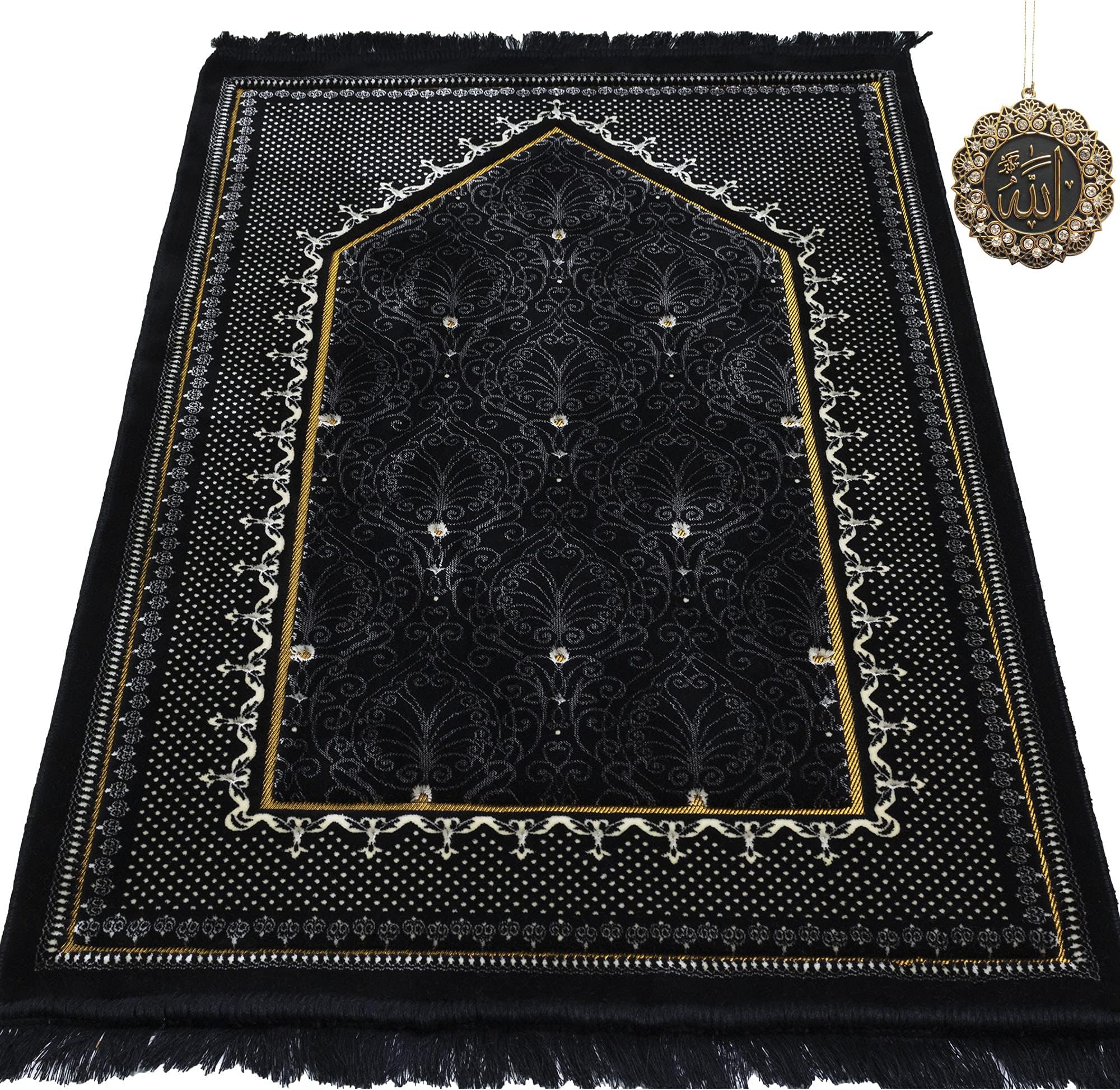 Wide Turkish Prayer Rug - Plush Velvet Muslim Janamaz Islamic Namaz Seccade Prayer Mat Free Cap Carpet Green