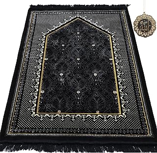 Modefa Turkish Islamic Velvet Prayer Rug - Thick & Wide Soft Carpet for Men & Women - Large Muslim Salah Mat - Ramadan & Eid Gift - with Car Hanger - Double Plush Topkapi (Black)