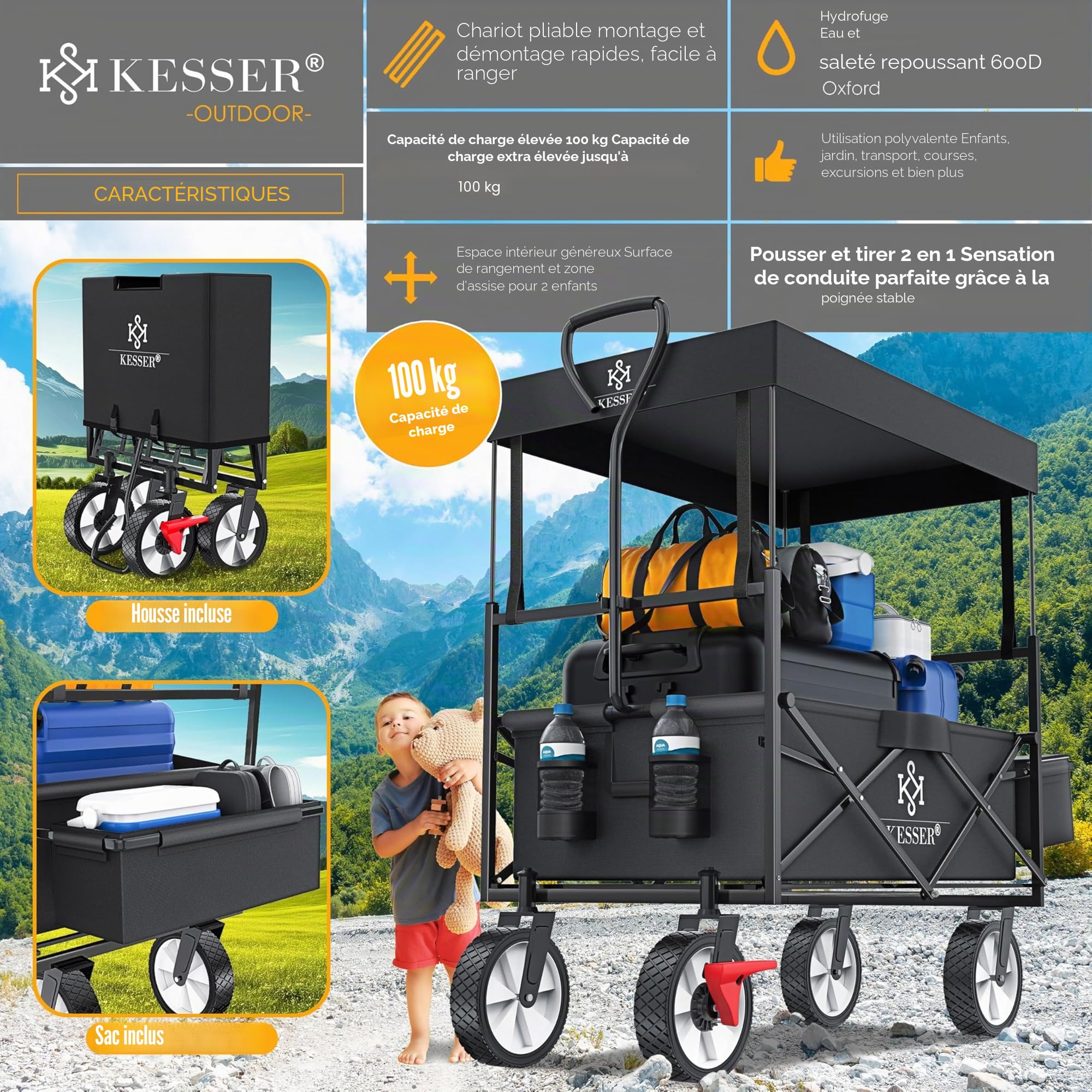KESSER® Chariot de Transport Pliable avec Toit, Charrette à Bras, Chariot à Roulettes, 2 Poches Mesh