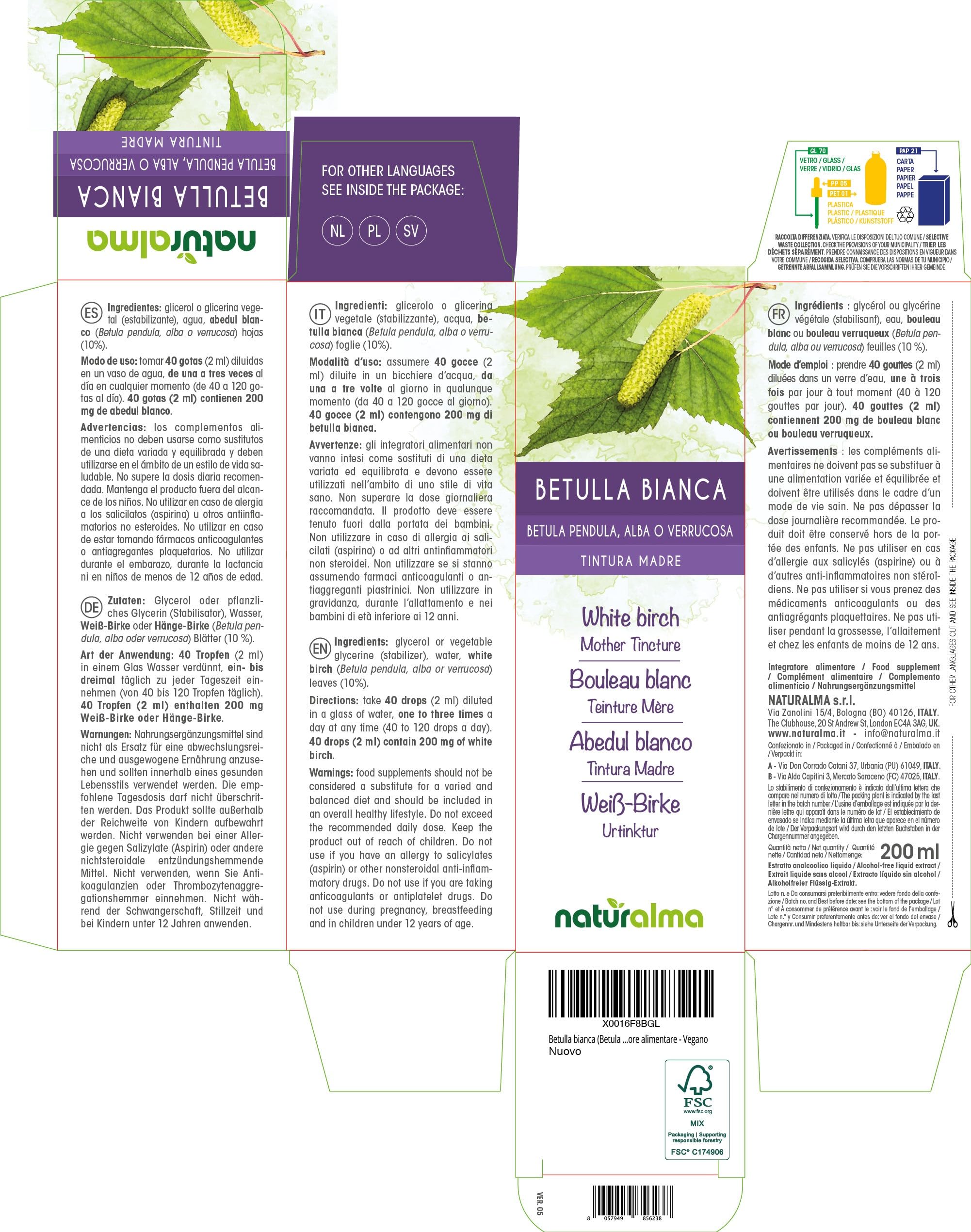 Bouleau blanc ou Bouleau verruqueux (Betula pendula, alba ou verrucosa) feuilles Teinture Mère sans alcool Naturalma - Extrait liquide gouttes 200 ml - Complément alimentaire - Végétalien ou végan