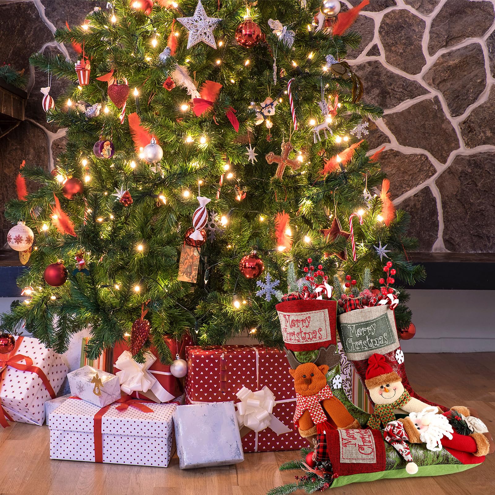 Lyrow Confezione da 6 calze di Natale da 48 cm, calze natalizie 3D con Babbo Natale e gnomo per Natale a quadri, grandi calze per vacanze in famiglia, regali di Natale, decorazioni (stile adorato)