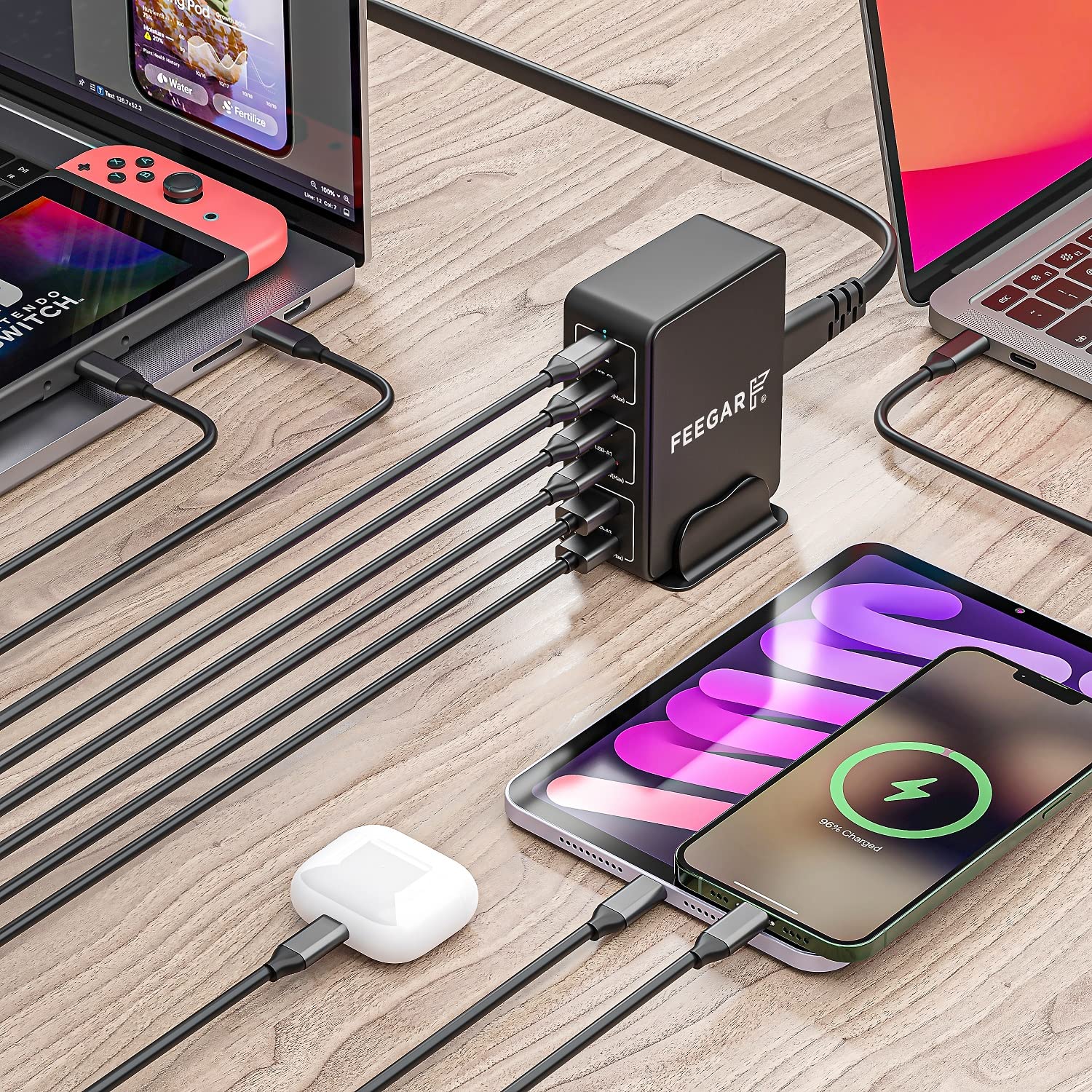 Stacja ładująca Feegar Tower PRO 140W USB 6-portowa ładowarka sieciowa na biurko, przenośna wieloportowa ładowarka USB z 6 USB-A i USB-C PD PPS Quick Charge QC 3.0.