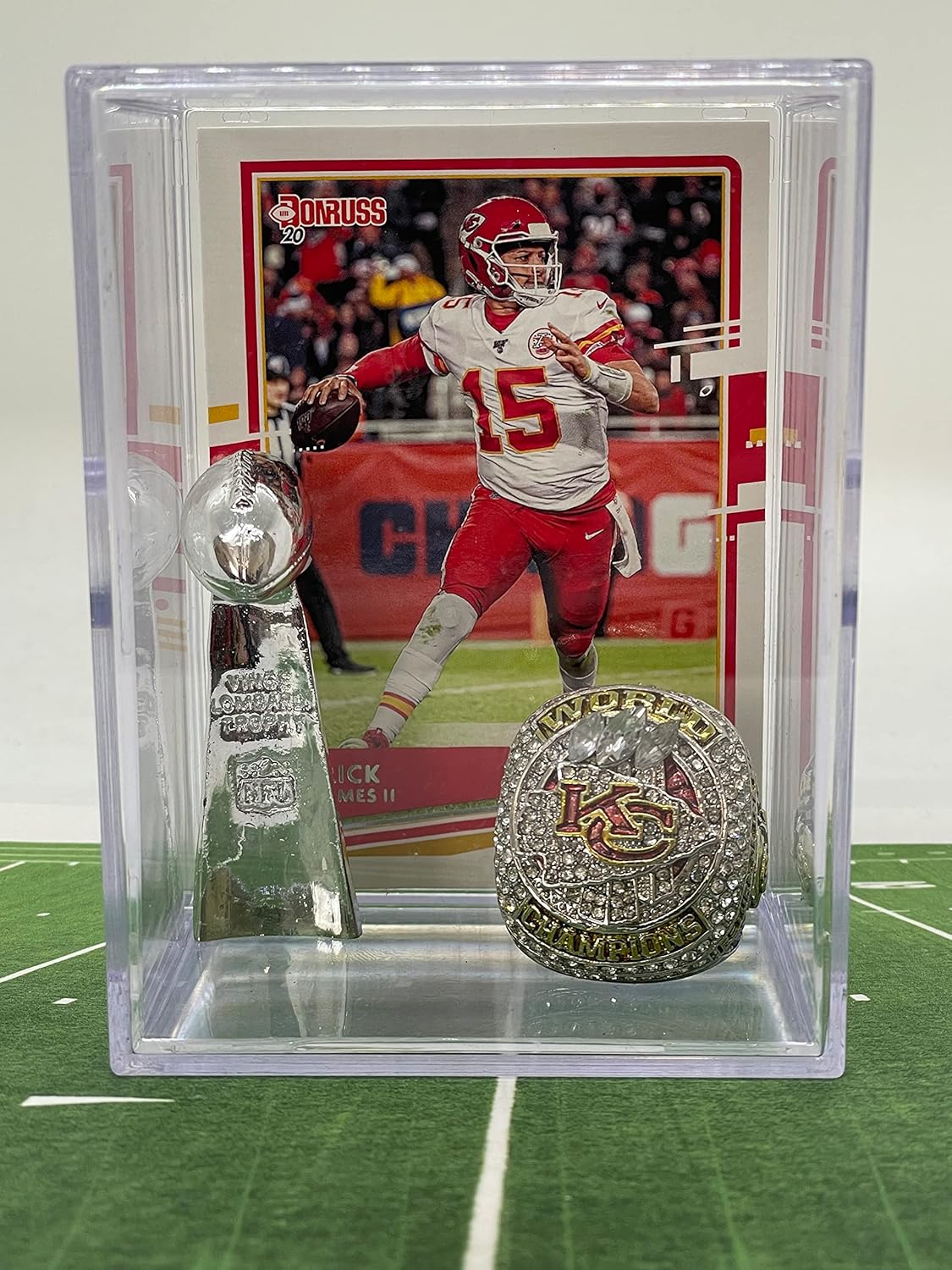 Kansas City Chiefs Super Bowl LVII Replica Championship Ring mini Lombardi Trophy with Patrick Mahomes Card Shabowbox Set
