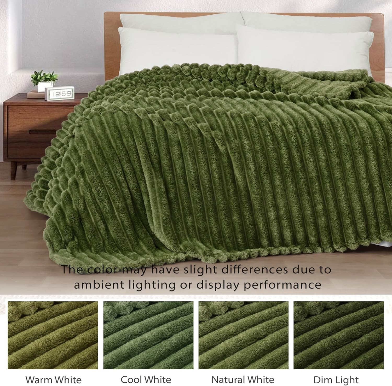 Exclusivo Mezcla Fleece Throw Blanket for Couch, Super Soft Striped Jacquard Bed Blanket, Lightweight Fuzzy Cozy for All Seasons, 50x60 Inches, Olive Green - Image 3