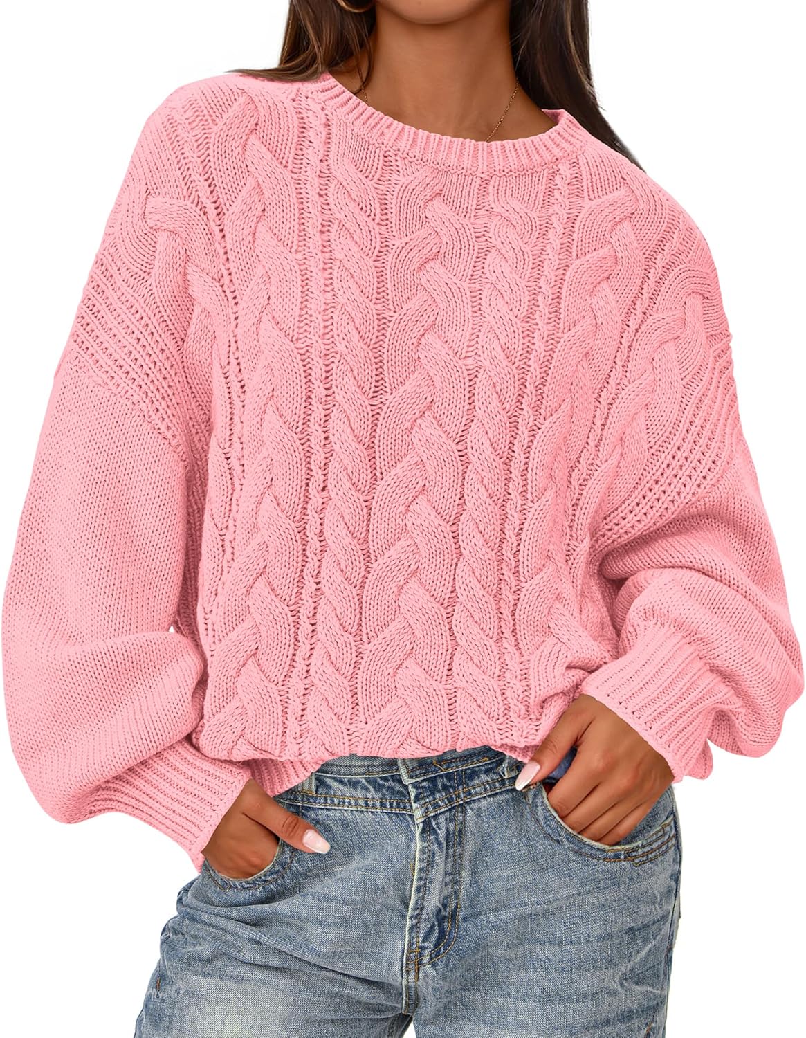 BTFBM Fall Sweaters for Women 2025 Cable Knit Sweater Crew Neck Long Lantern Sleeve Loose Chunky Pullover Casual Tops
