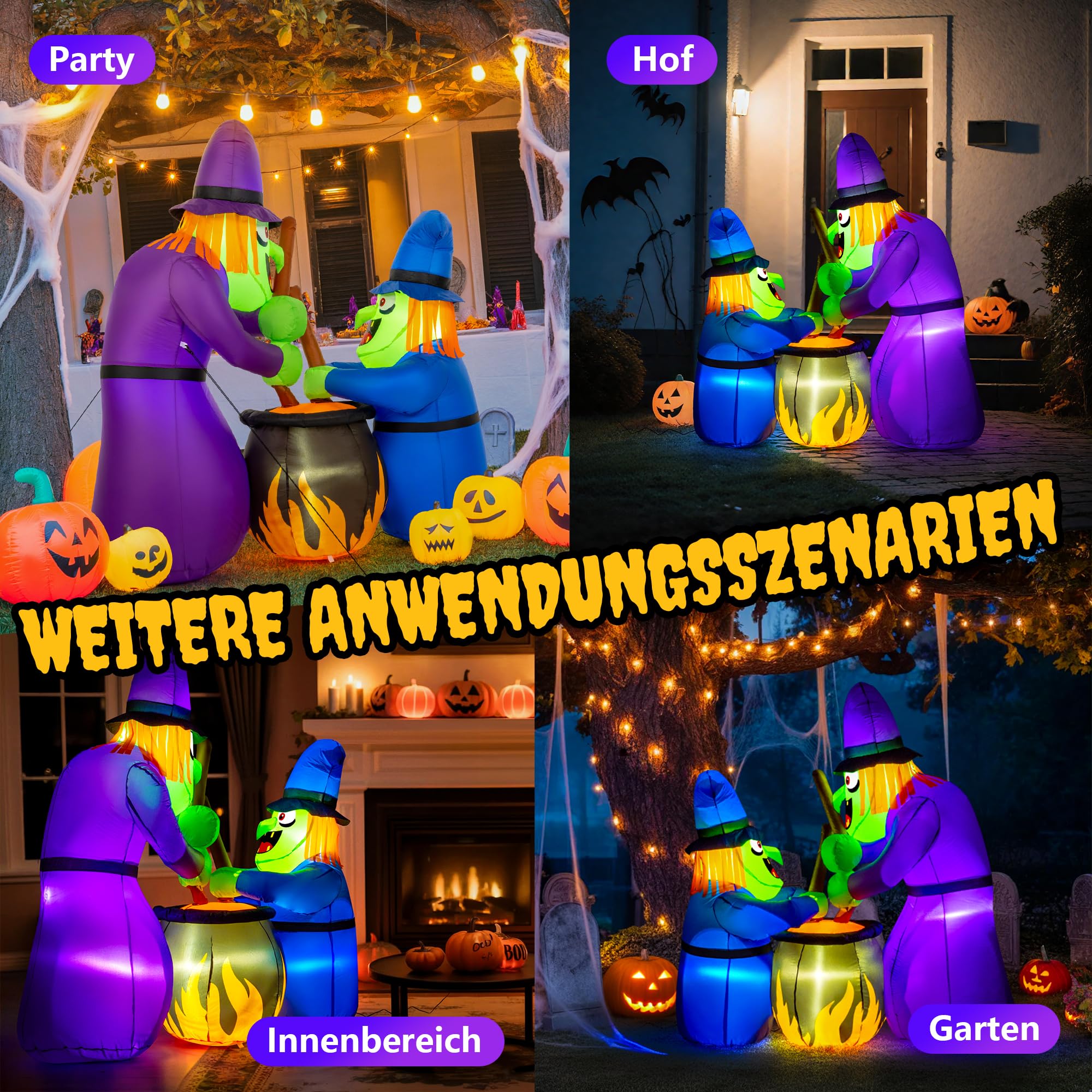 Solpex Decoración de Halloween, decoración Inflable de Bruja, 150 cm/5 pies LED Blancos Integrados, Espeluznante Inflable para Fiestas, jardín, Ventanas (Lila y Azul)
