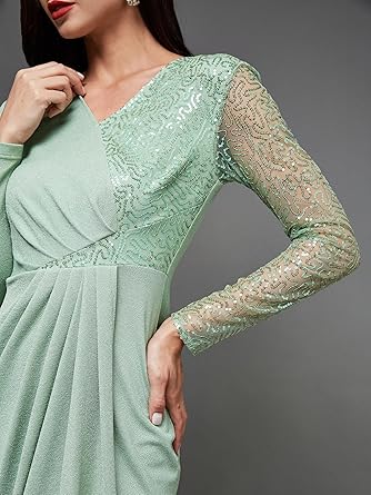 Pageant Miss Mint Dresses Buy Miss Chase Women's Embellished V-Neck Full  Sleeve Pleated Slim Fit Maxi Dress (MCSS24D97-53-79-02, Mint, XS) At