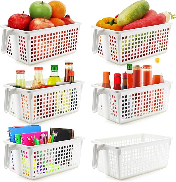 Kurtzy 6 Pack Kitchen Fridge & Cupboard Storage Containers with Handles - 27.5cm/10.83 Inches Overall Length - White Plastic Refrigerator Tubs for Bathroom, Pantry, Drawer, Freezer and Home