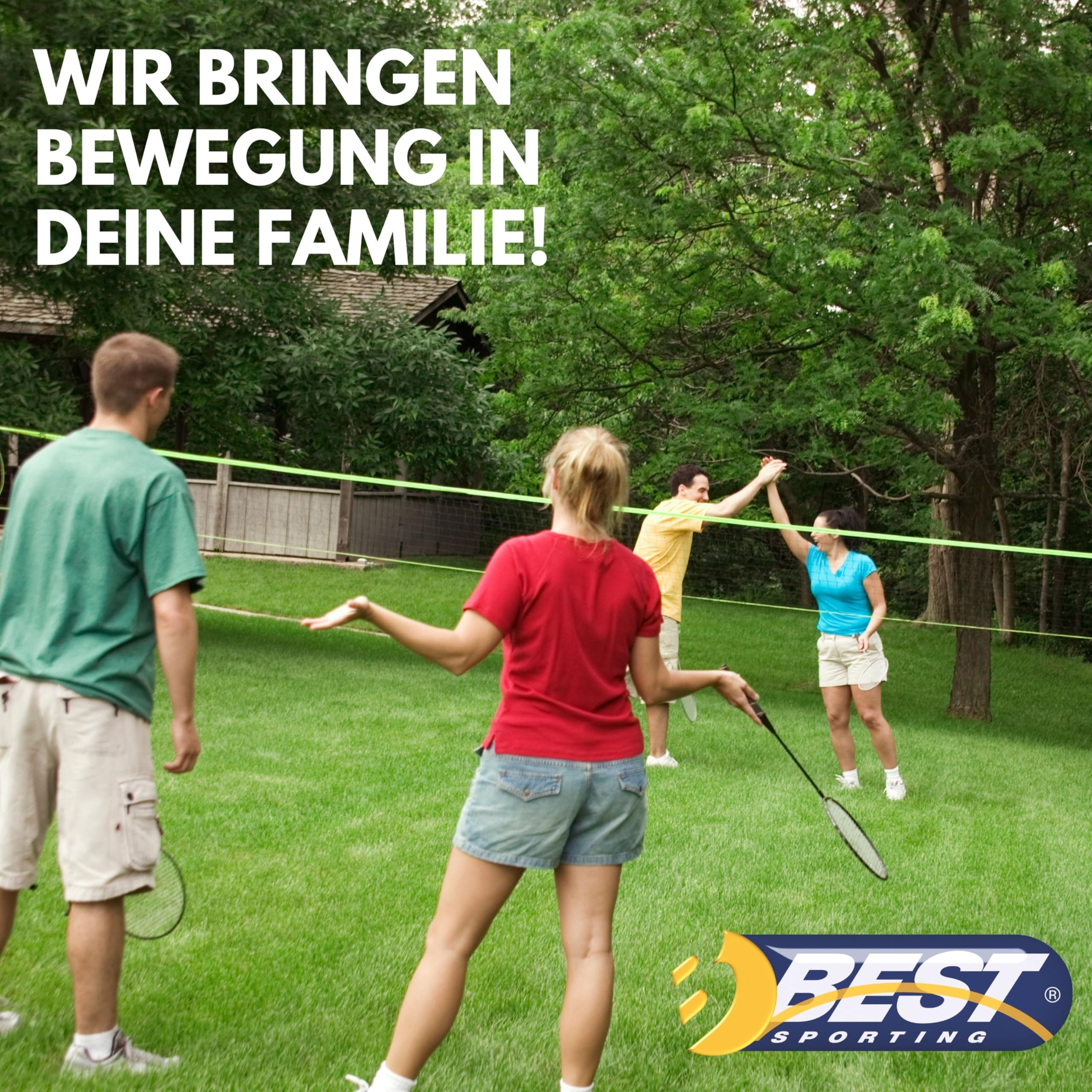 BEST SPORTING Federball Set Erwachsene und Kinder I Badminton Set bestehend aus Netz, 4 Schlägern, 2 Badmintonbällen und Tasche I Federball Set Kinder I Badminton Netz und Schläger für den Garten