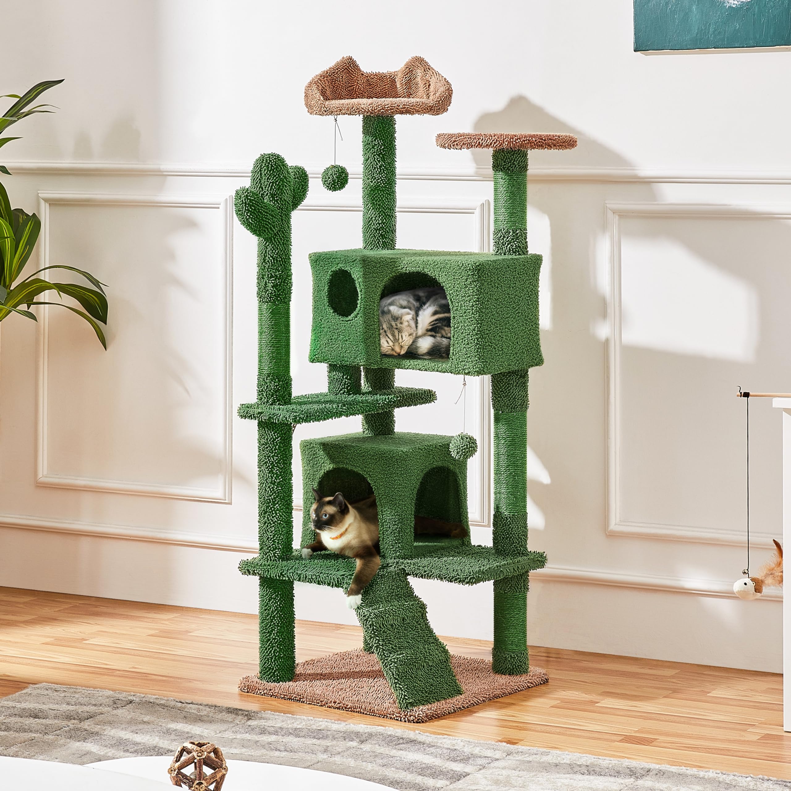 Yaheetech Albero Tiragraffi per Gatti a Forma di Cactus Condominio Palla Gioco in Truciolato e Corda di Sisal 48,5 cm × 48,5 cm × 138 cm