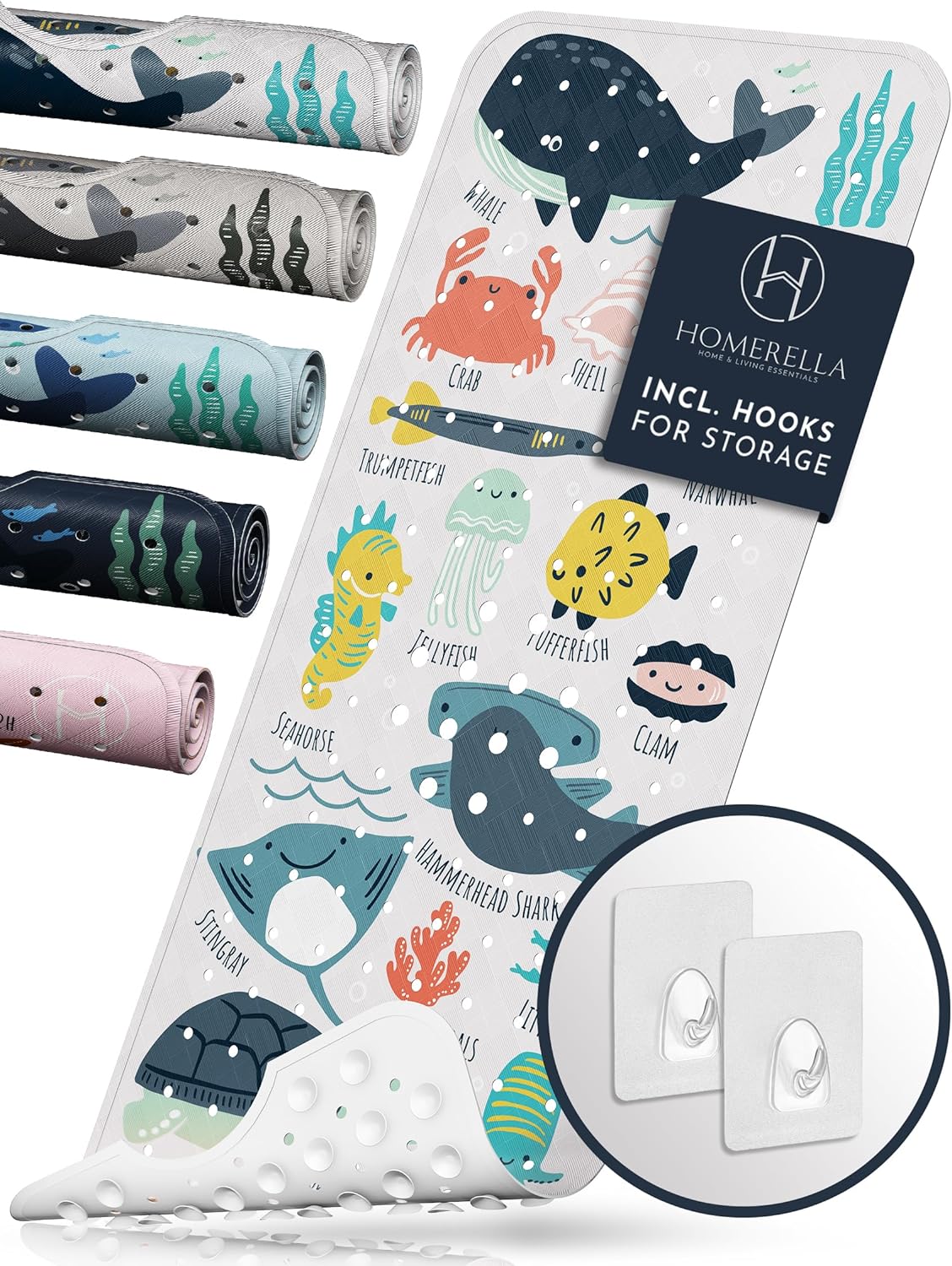 Homerella Baby Bath Tub Mat | Anti Mold Mildew Resistant Non Slip Kids and Adult Bath Tub Shower Mats | 40x16 inch Long with Suction Cups for Secure Grip Hooks for Storage & Drying | Machine Washable 40" x 16" (Rectangular) Colorful Underwater Abc