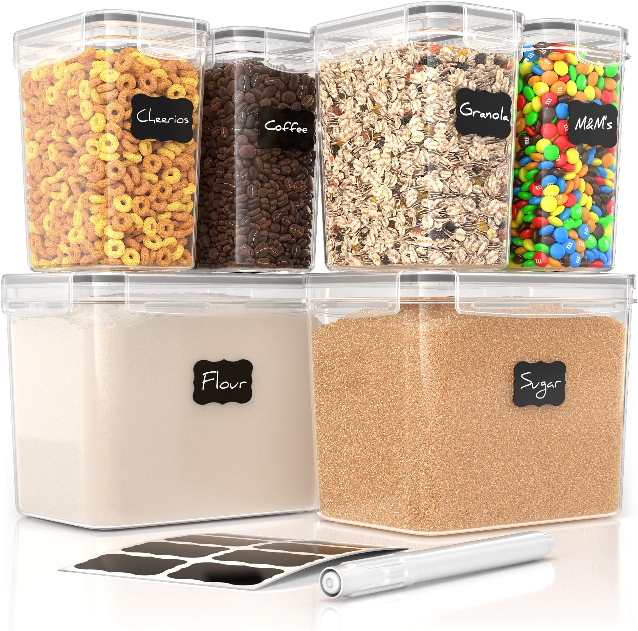 Airtight Food Storage Containers - Set of 6 Flour, Sugar, and Cereal Storage Containers - Essential Kitchen Storage & Organisation