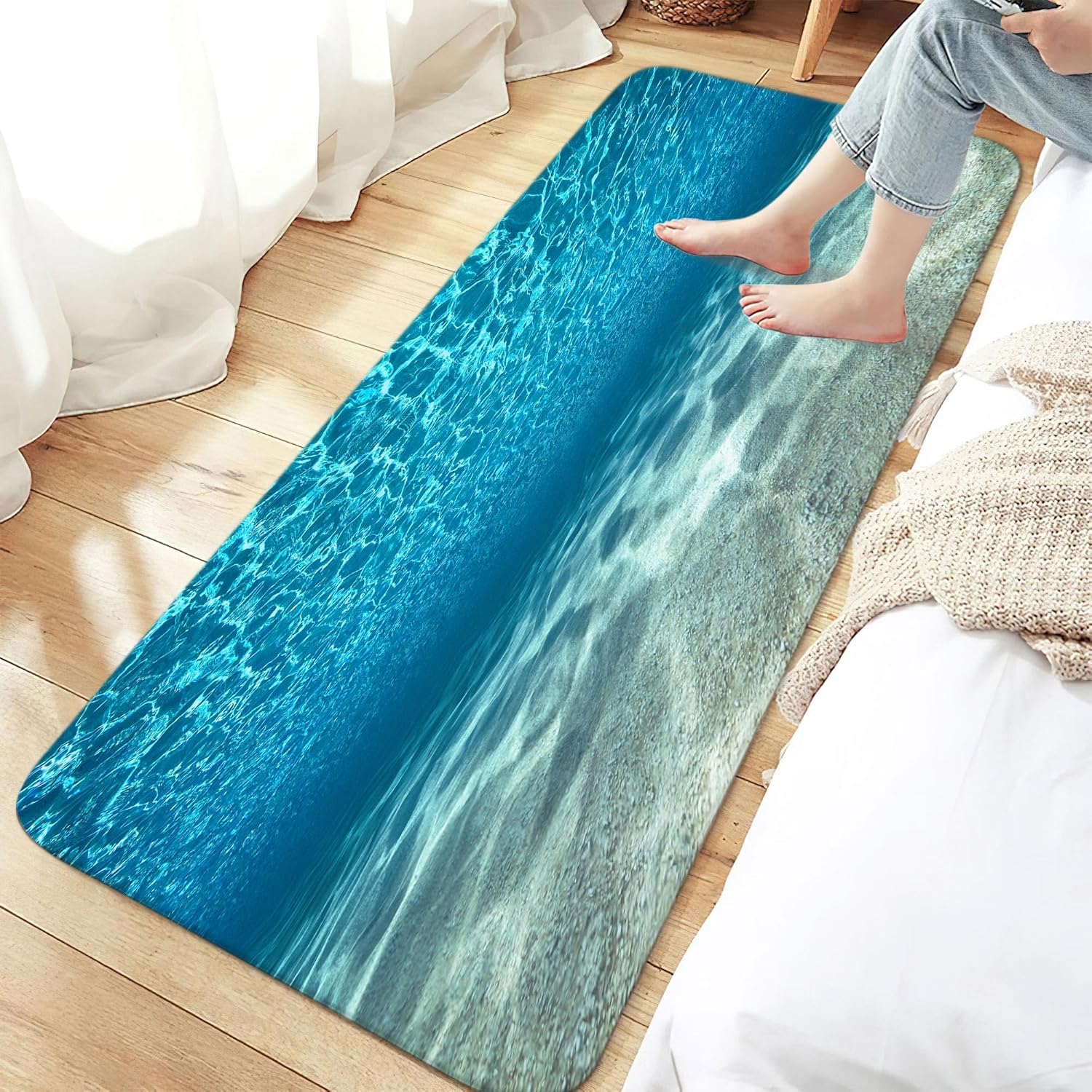 MERCHR Blue Ocean Bath Mat, Nature Underwater Sea World Sand Beach Bathroom Rugs, 17 x 48 Inches