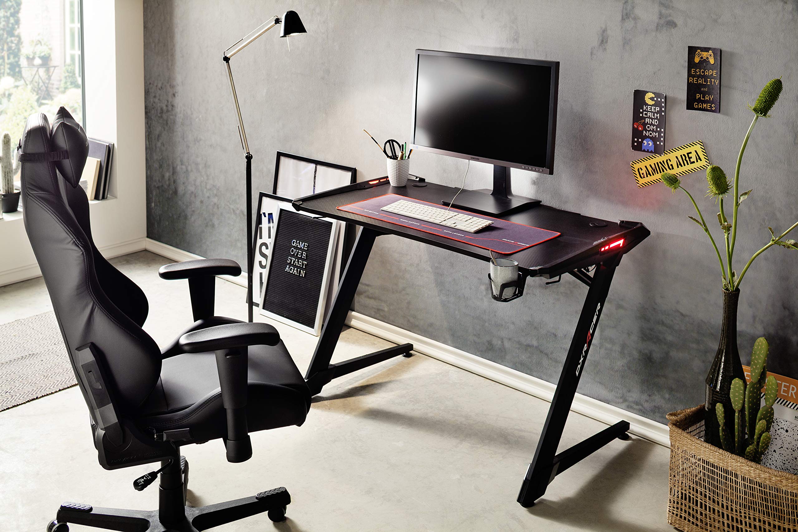 Robas Lund Gaming Tisch DX Racer 1 LED Farbwechselbeleuchtung Gaming Desk Schwarz Carbonlook, BxHxT 120x77x64 cm