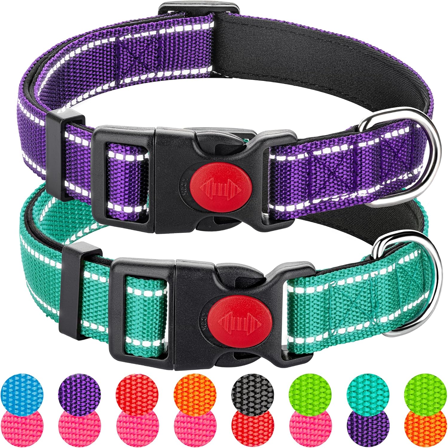 2 Pack Reflective Dog Collars for Medium Large and Small Breed Dogs Male Female,Padded Soft Durable Nylon Neoprene Collar for Puppy Dogs Girl Boy with Quick Release Safety Buckle,Purple,Teal,L Purple&Teal L