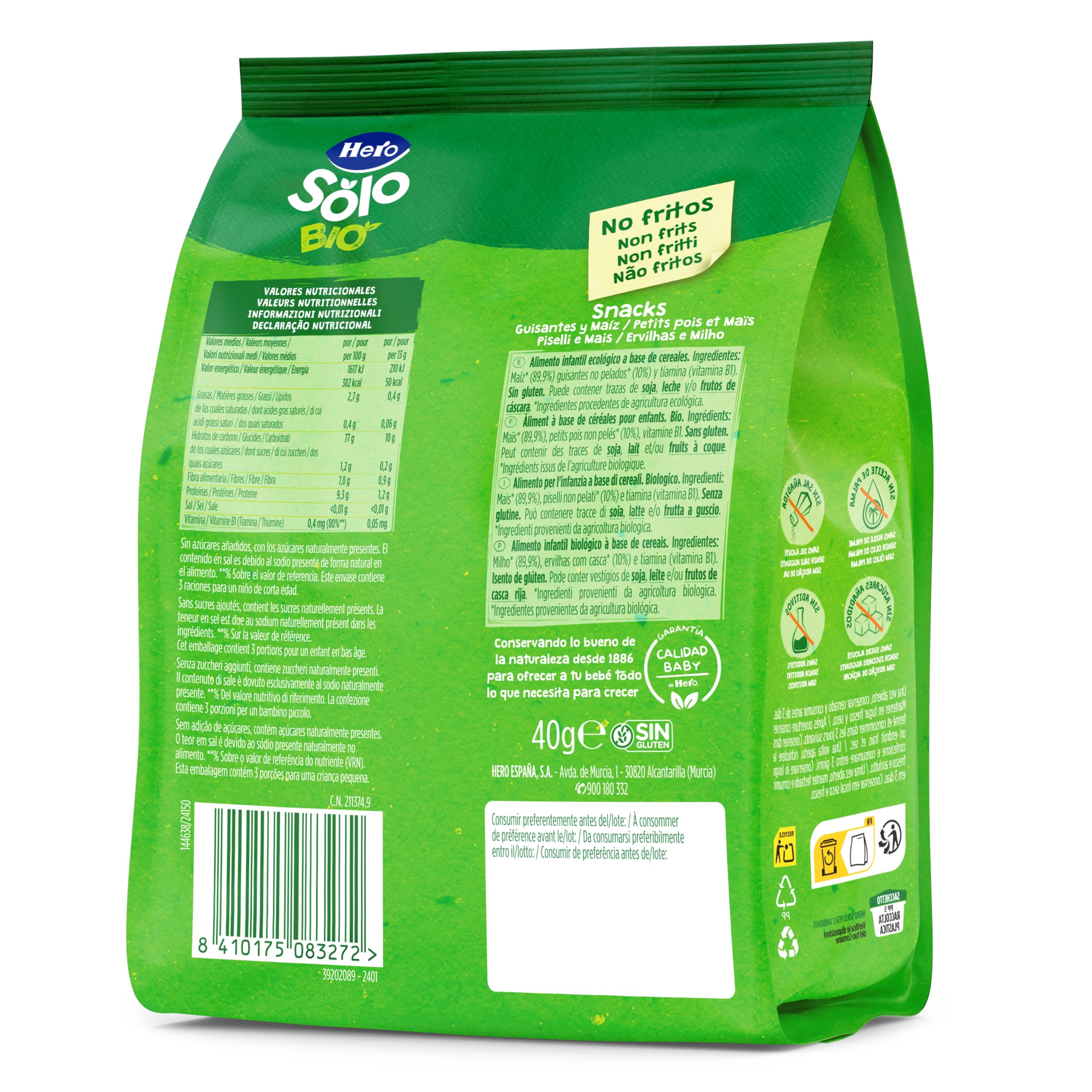 Hero Solo - Snack de Guisantes y Maíz, 100% ECO, BIO, con Ingredientes de Agricultura Ecológica y UE, No Fritos, Apto para Bebés a Partir de 10 Meses - Pack de 6 x 40 g