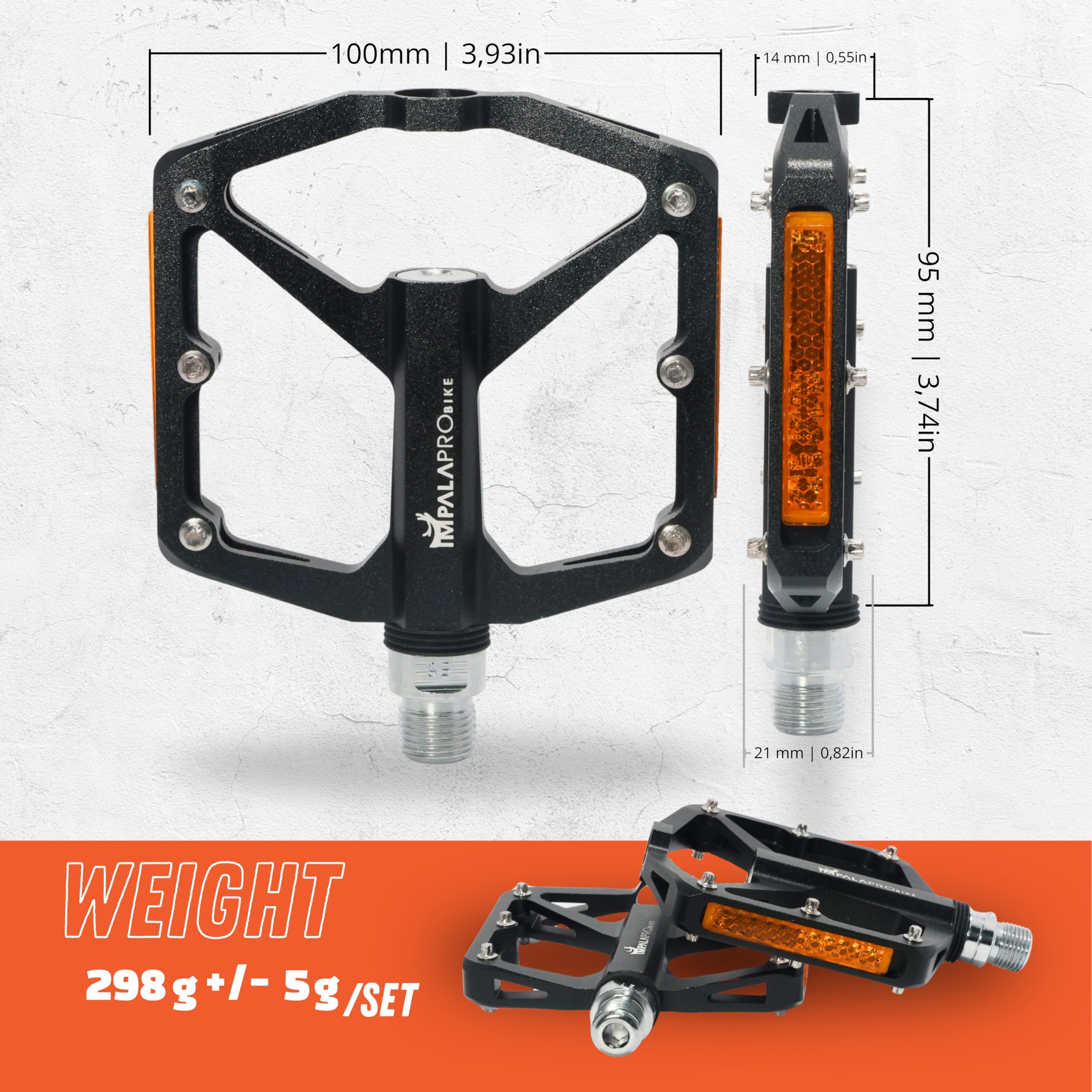 IMPALAPRO Pedali Bici Corsa in Alluminio CNC con Riflettenti Ultralight 298 g – Pedali Flat MTB con Piattaforma Media 100×95 mm, 12 Pins Inox Antiscivolo – Pedali MTB, Urbano e Gravel