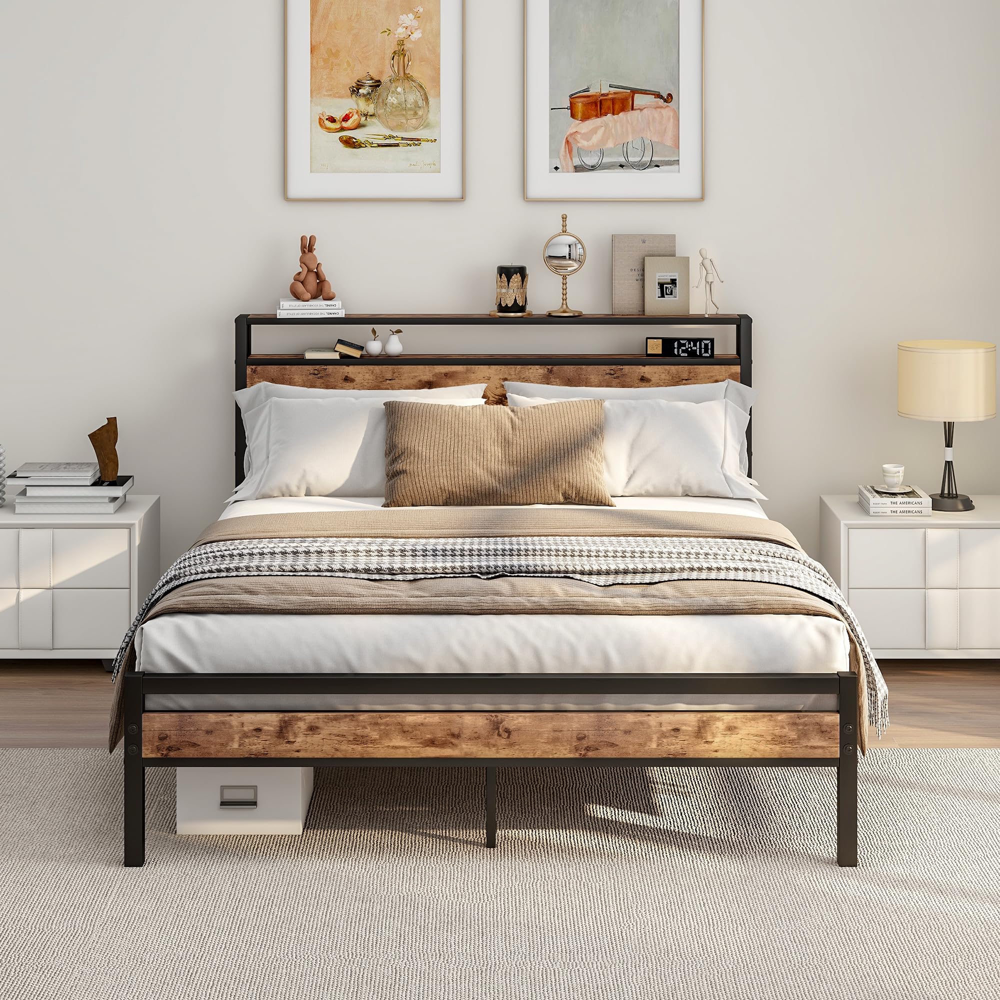HOJINLINERO King Size Bed Frame with Storage Wooden Headboard,Bed 150x200 cm,Metal Bed Frame Kingsize Bed Base Mattress Foundation,Metal Slats Support,Platform Bed Frame Double Bed,Black+Rustic Brown — image 1
