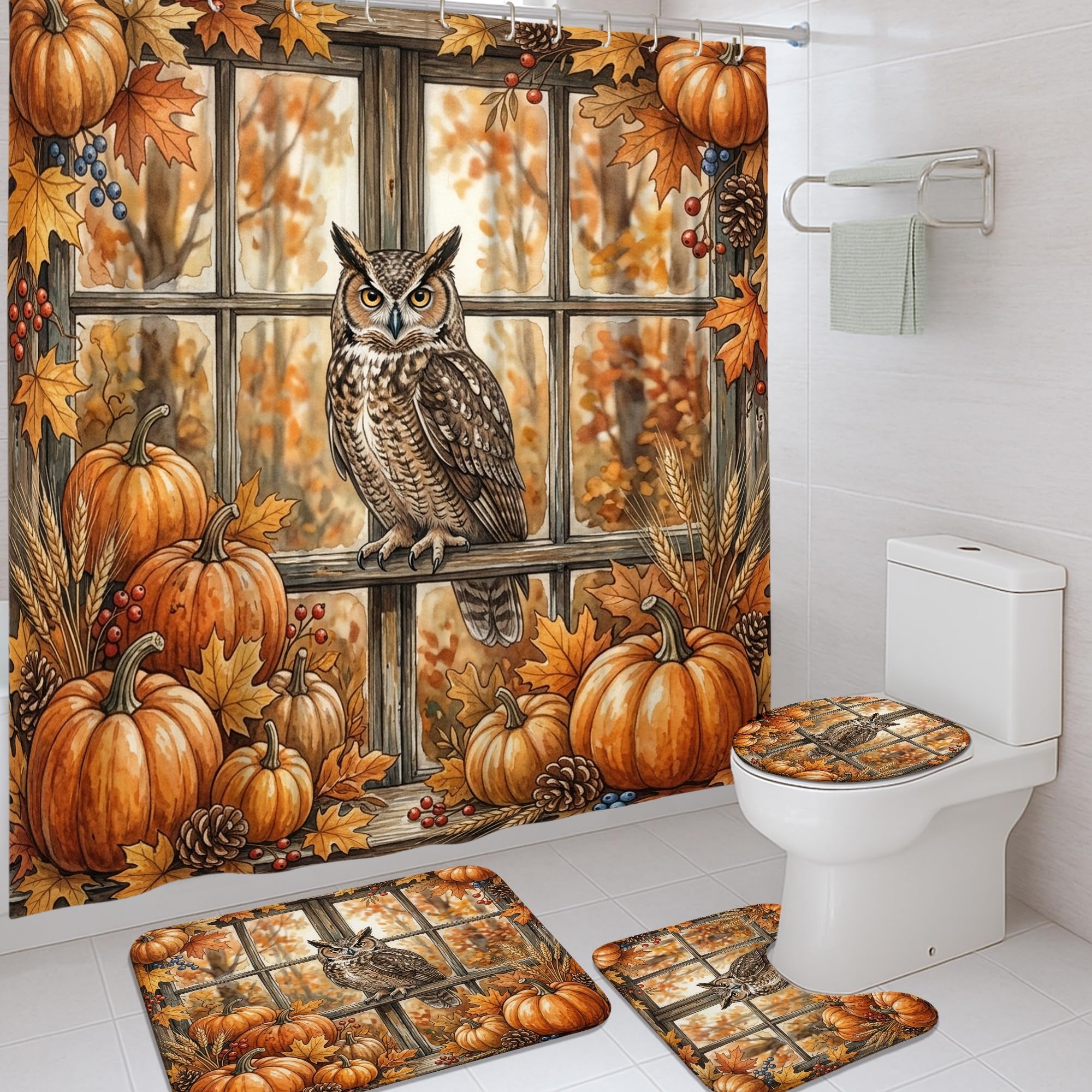Rideau de douche rustique imperméable en polyester à motif feuilles d'automne