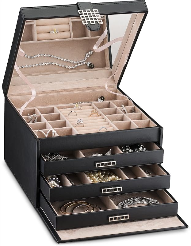 Glenor Co Extra Large Jewelry Box Organizer - 42 Slot Holder w Modern Closure, Drawer, Big Mirror & 4 Trays for Women - Storage Case for Earring Ring Necklace Bracelet Watch -PU Leather- Black