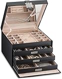 Extra Large Jewelry Box Organizer - 42 Slot Holder w Modern Closure&comma; Drawer&comma; Big Mirror & 4 Trays for Women - Storage Case for Earring Ring Necklace Bracelet Watch -PU Leather- Black