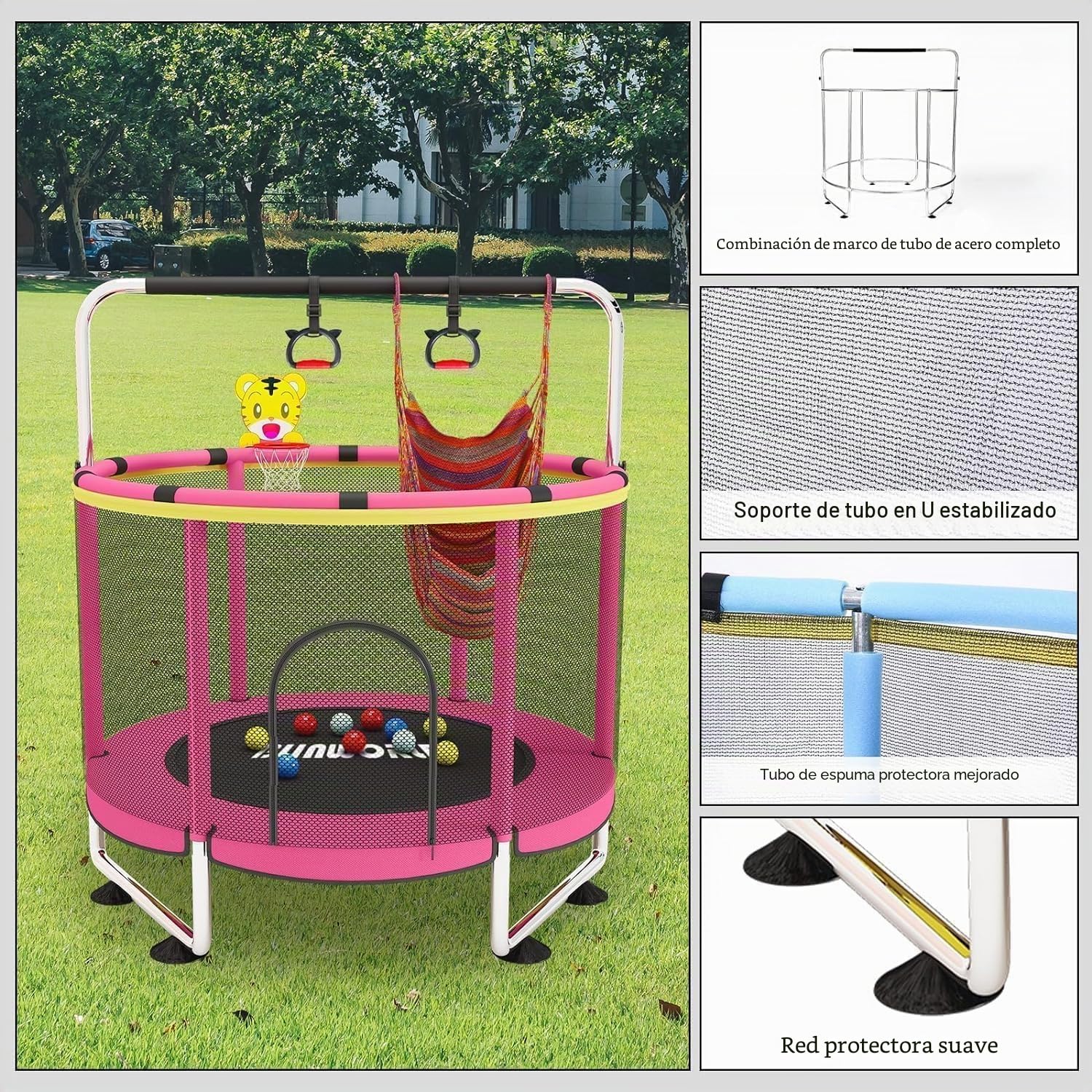 Cama elástica infantil para interior y exterior – Trampolín de 140 cm con red, barra de gimnasia, cesta y juguetes para niños y niñas hasta 200 kg