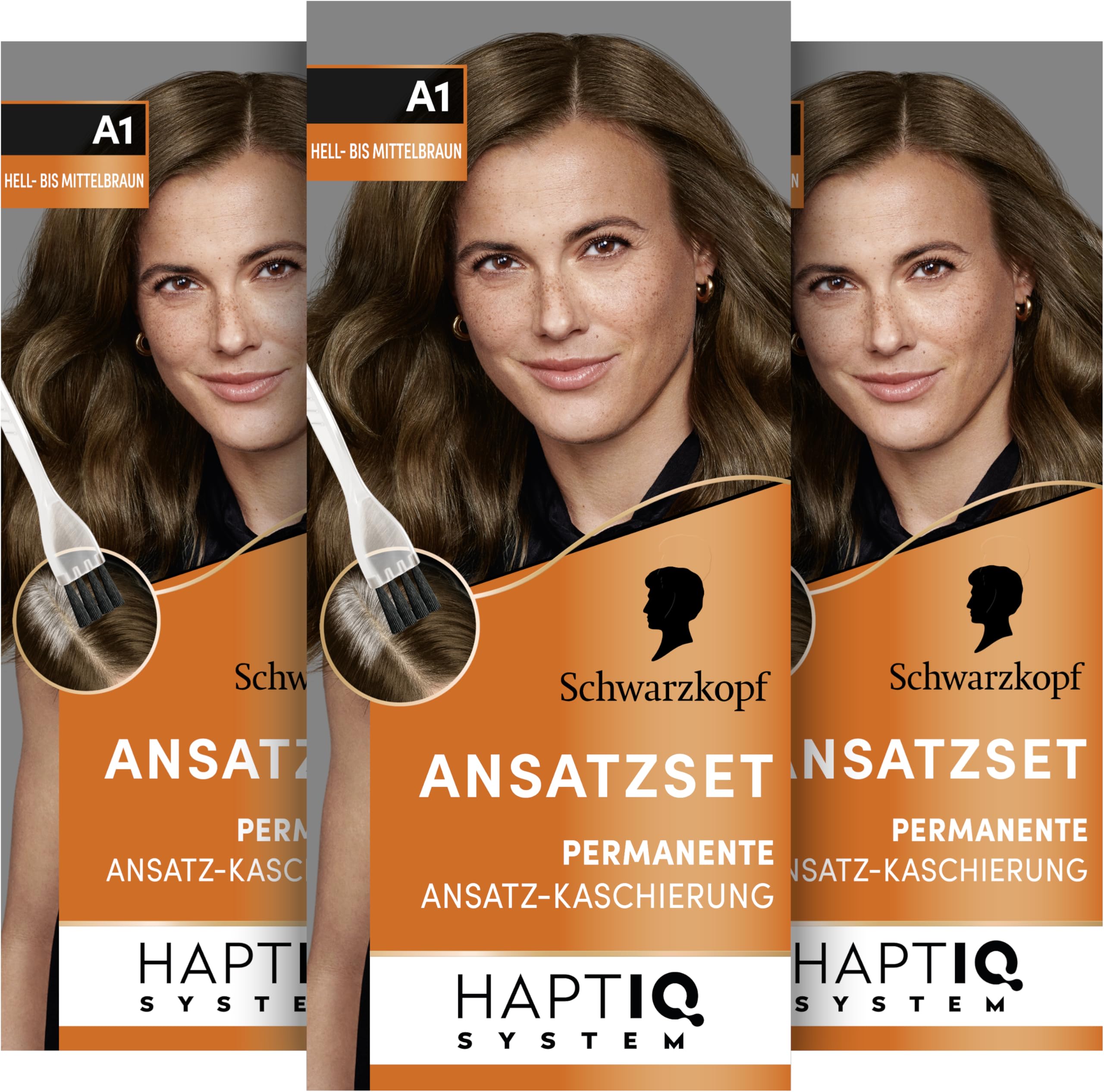 Schwarzkopf Ansatzset A1 Hell-bis Mittelbraun Stufe 3 (3 x 44,5 ml), dauerhafte Haarfarbe zum Haaransatz kaschieren in nur 10 Minuten, Ansatzfarbe für harmonische Übergänge
