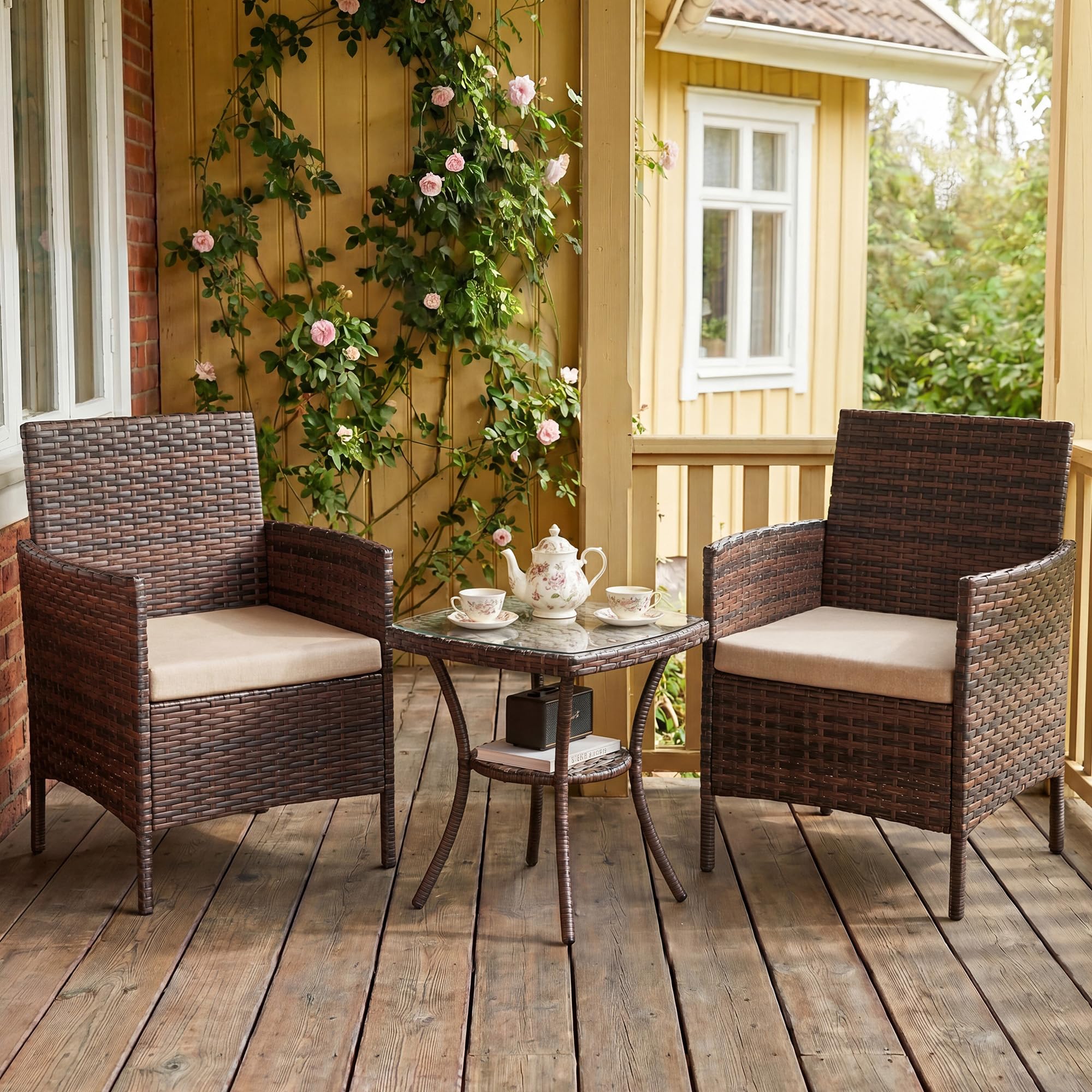 UDPATIO Rattan zestaw mebli ogrodowych, patio, oranżeria, na zewnątrz, zestaw bistro, 3 szt., splot patio, krzesło towarzyszące, zestaw stołowy, brązowy
