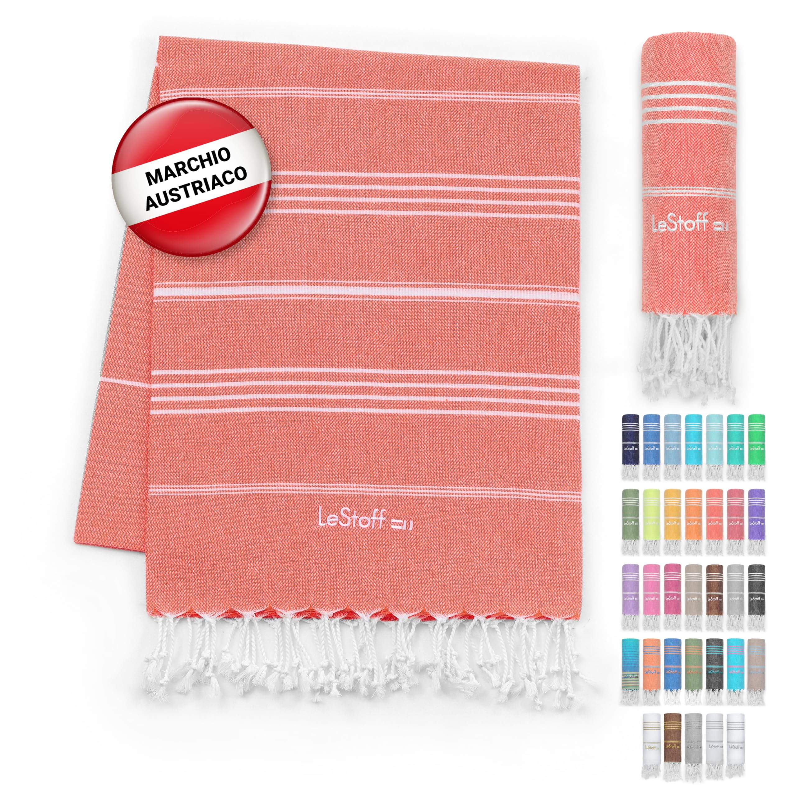 LeStoff Telo mare - 100% Cotone bio, 95 x 180 cm, Prelavato, Assorbente, Asciugatura Rapida, Leggero, Fouta, Telo Spiaggia, Telo Bagno, Telo Yoga, Telo Sauna, Asciugamano Sportivo, Coperta (Coral)