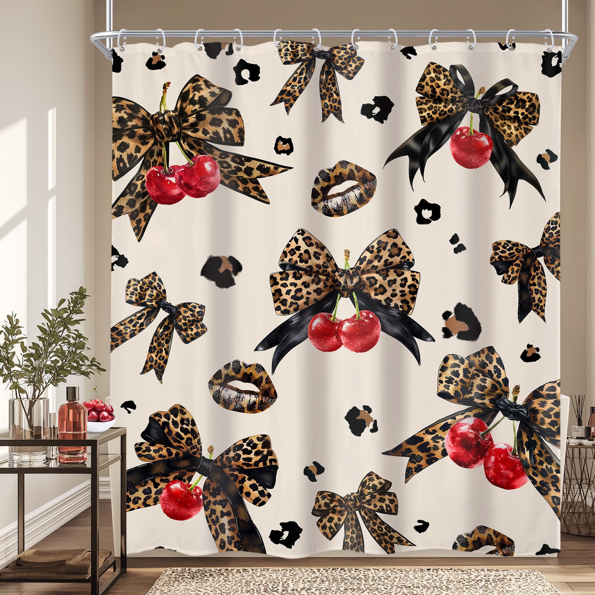 Leopard Print Bow Black Cheetah Lips Brown Bathroom Shower Curtain Set — image 1