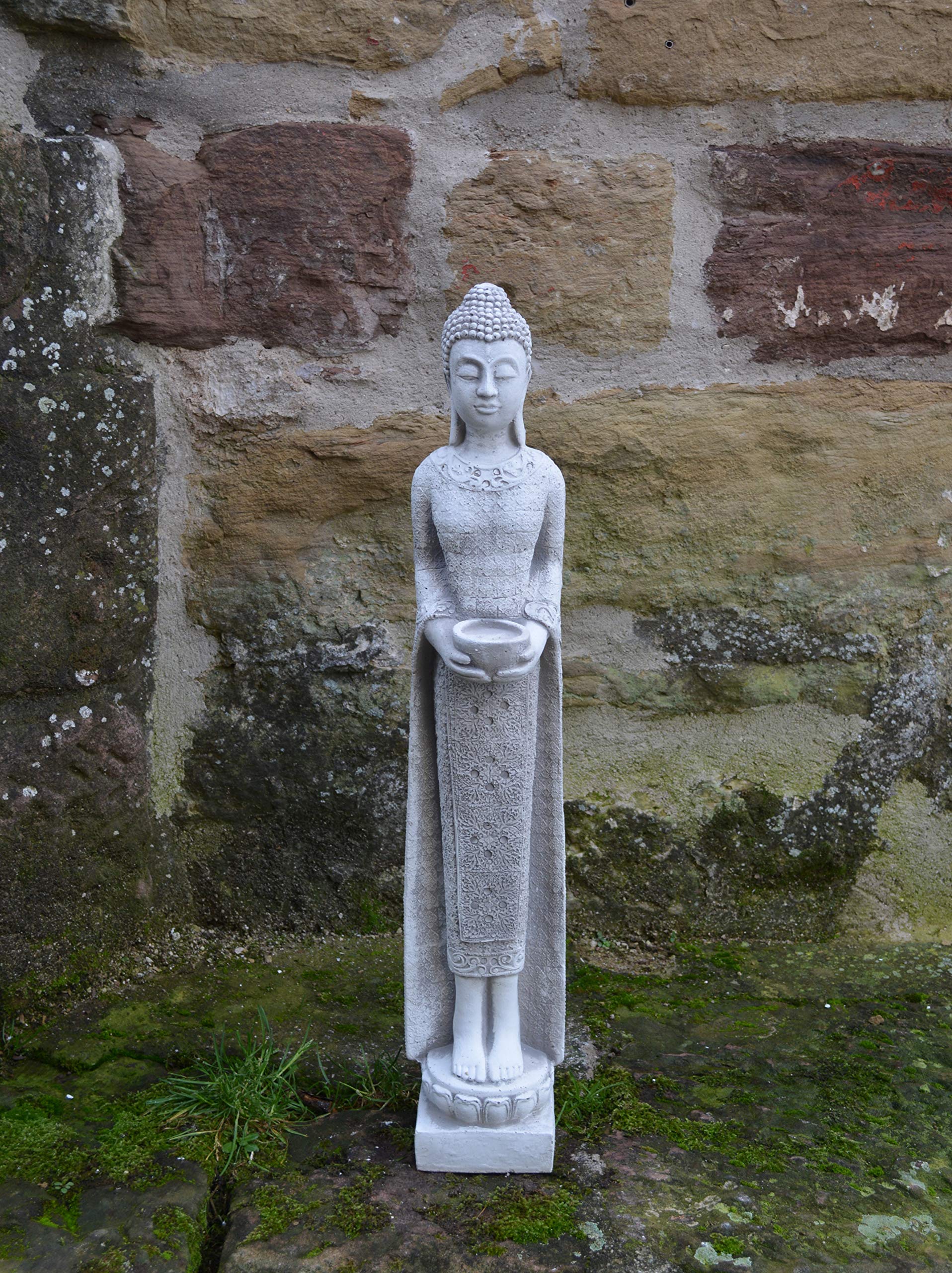 gartendekoparadies.de Schlanke Massive Steinfigur Thailändische Mönch Buddha Statue aus Steinguss Frostsicher, Höhe 68 cm, Gewicht 8 kg, Grau
