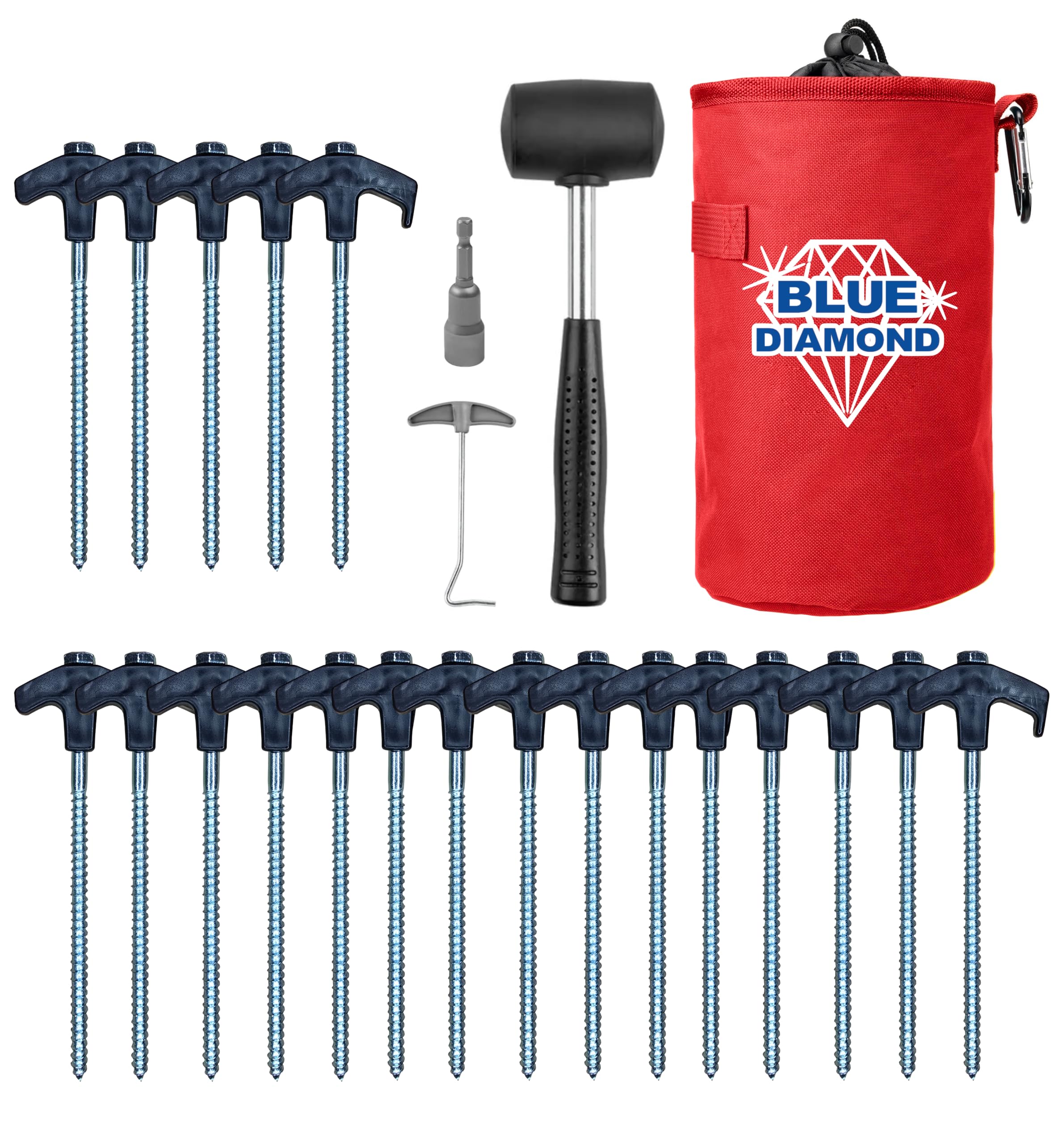 Blue Diamond Heavy Duty Screw Tent Pegs - Pack of 20 | Hard Ground Tent Pegs, Camping Pegs | Rustproof Galvanized Steel (Deluxe Kit (Mallet, Peg Puller, Drill-Adaptor, Carry Bag))